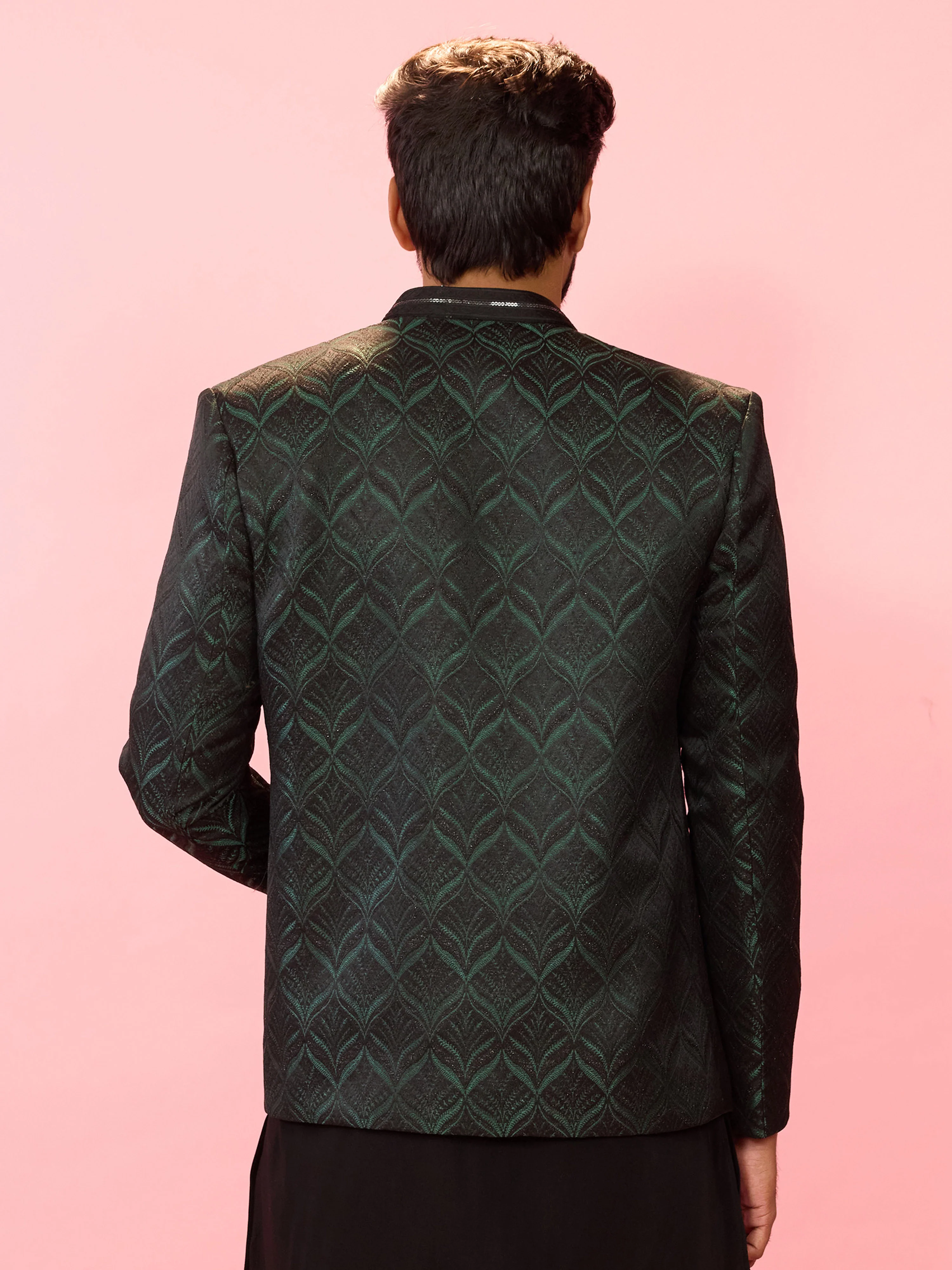 Men's Bottle Green Sequin Embossed Jodhpuri Blazer - Image 5