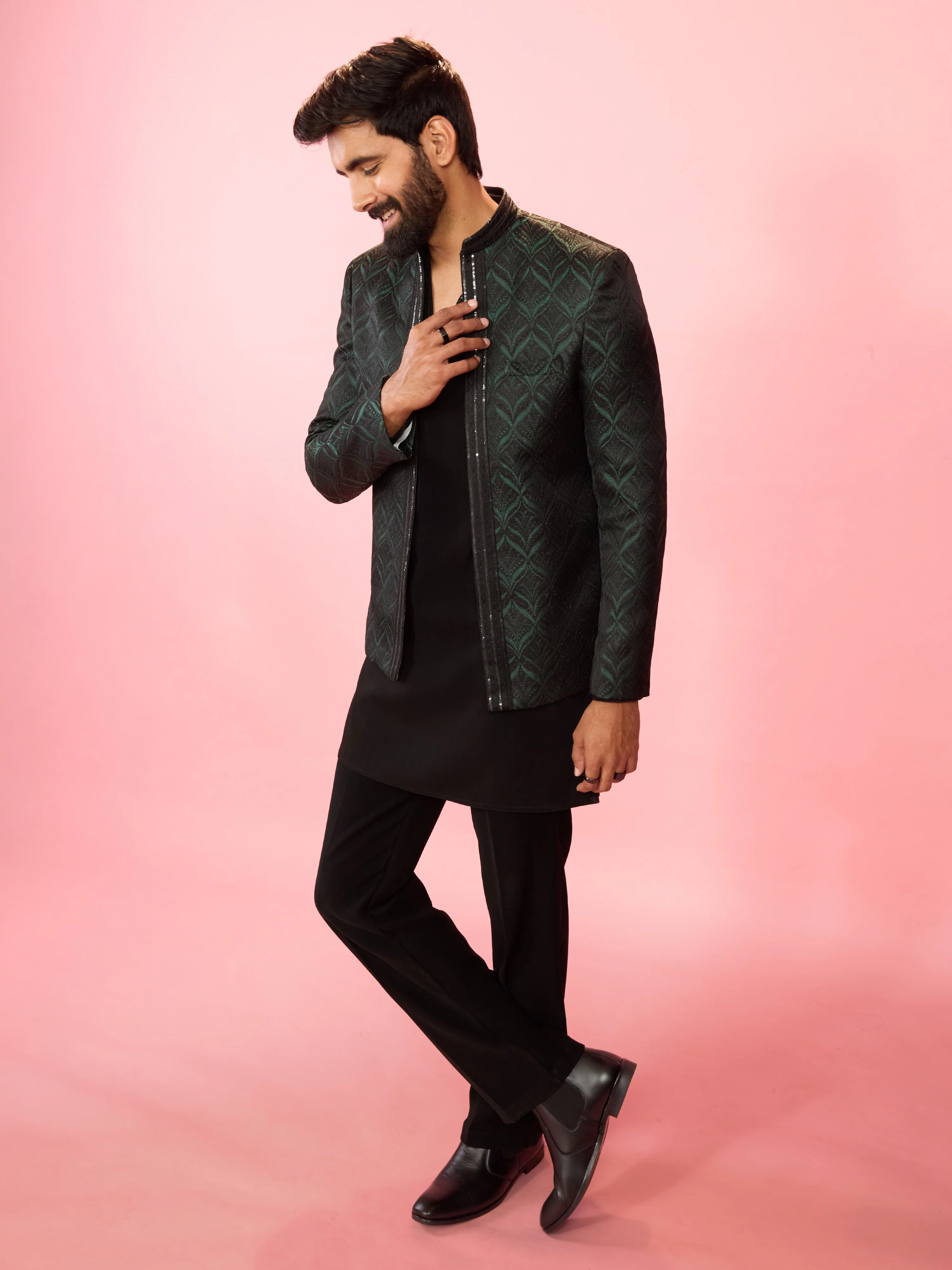 Men's Bottle Green Sequin Embossed Jodhpuri Blazer - Image 6