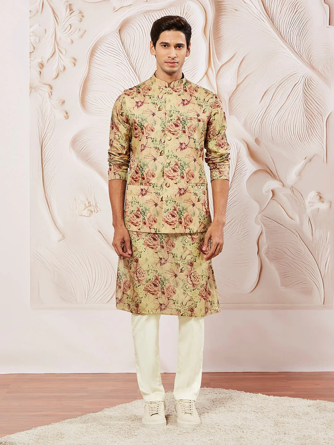 Men's Chiku Silk Blend Floral Printed Nehru Jacket Kurta Pyjama Set - Image 2