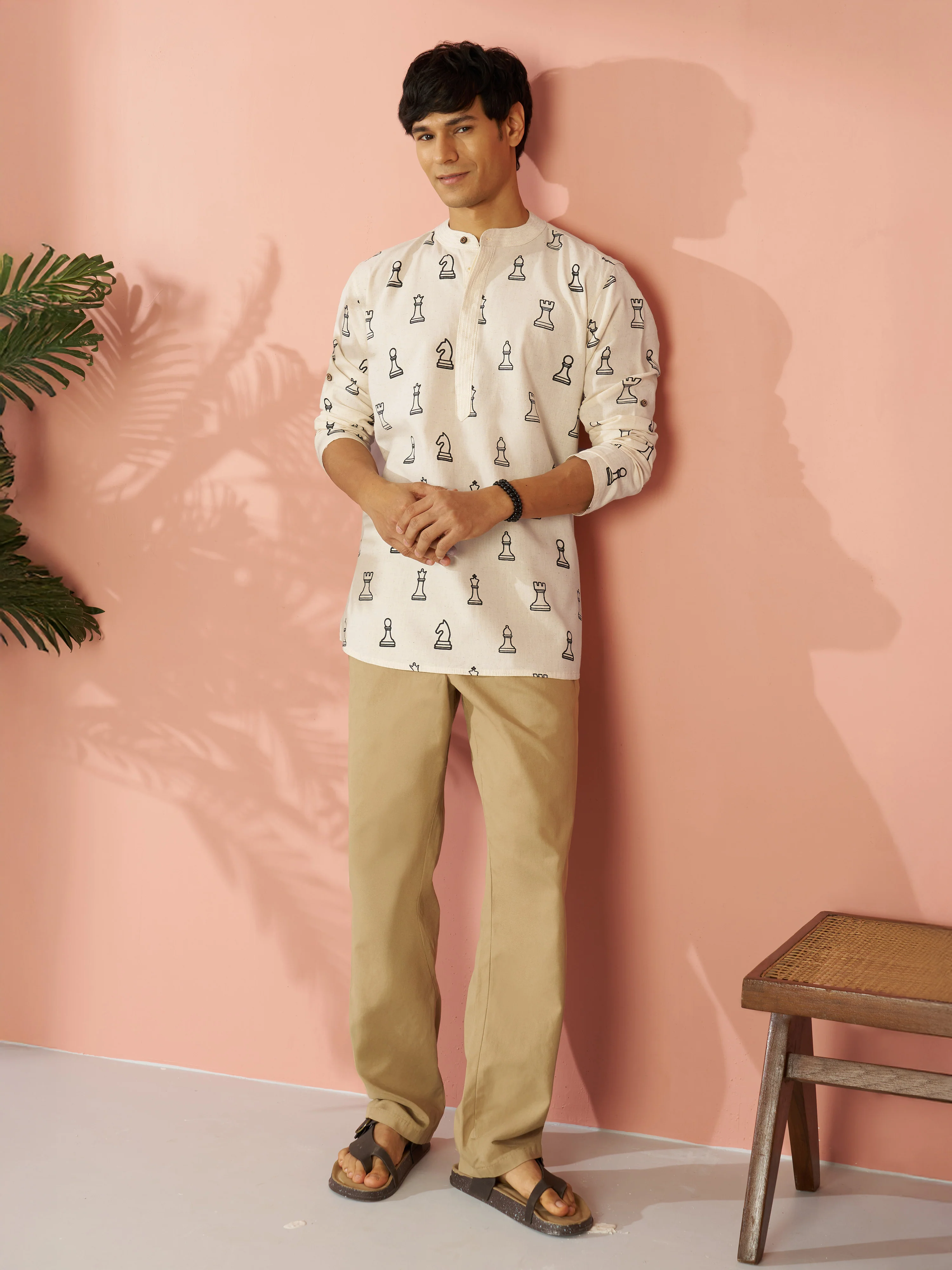 Men's Cream Abstract Block Print Cotton Short Kurta - Image 6