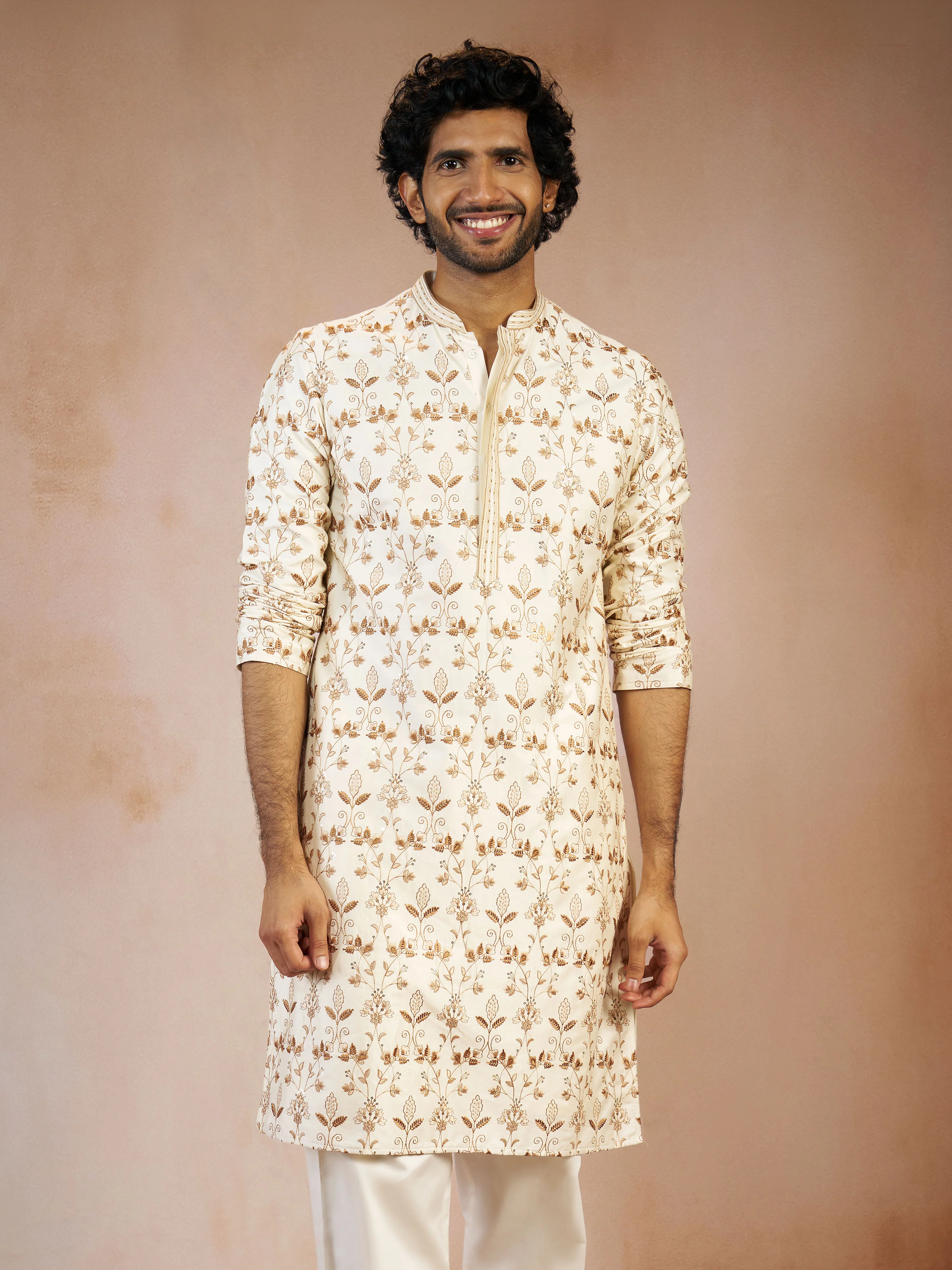 Men's Cream All-Over Floral Thread Embroidered Viscose Silk Straight Kurta - Image 3
