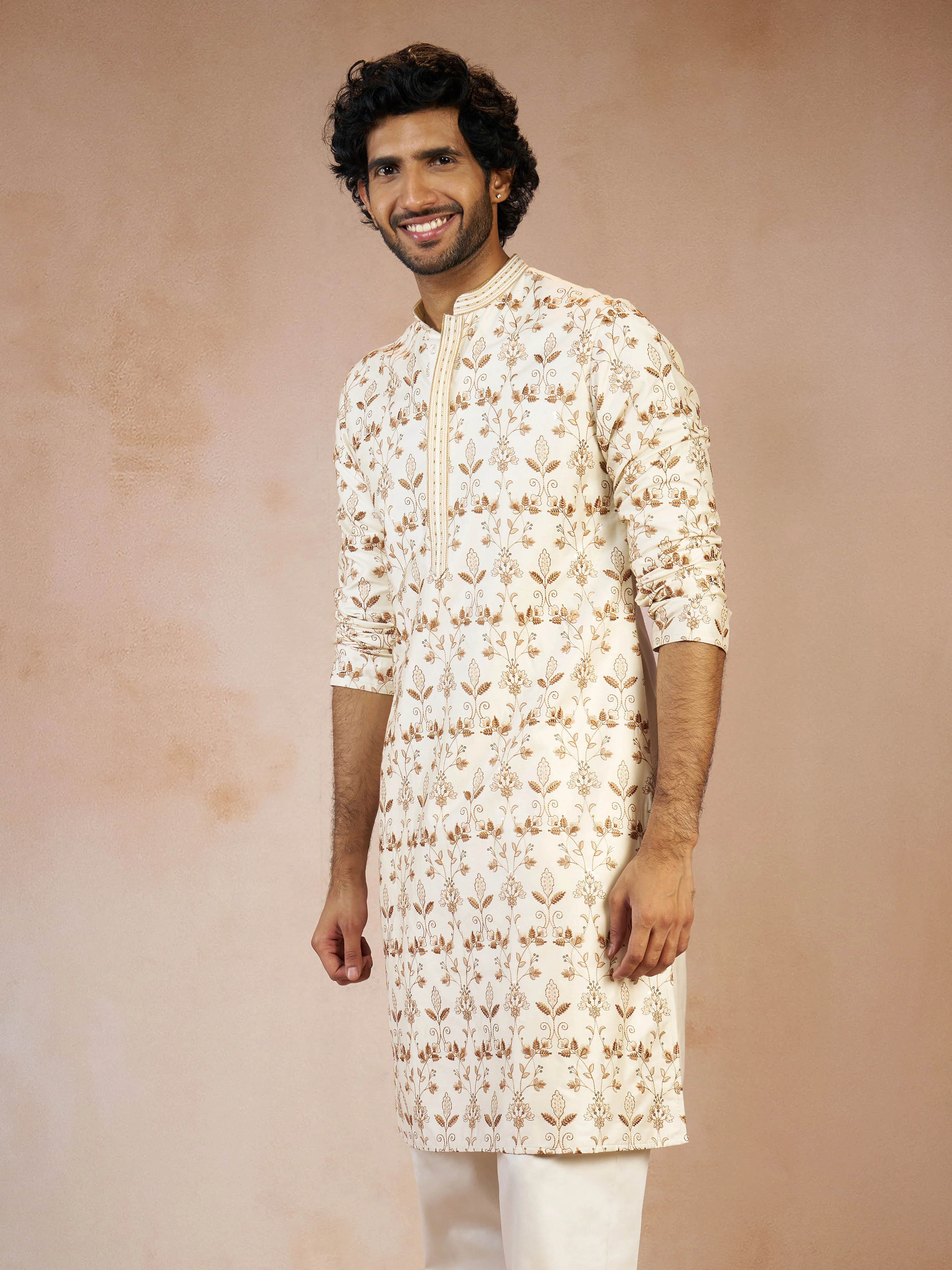 Men's Cream All-Over Floral Thread Embroidered Viscose Silk Straight Kurta - Image 4