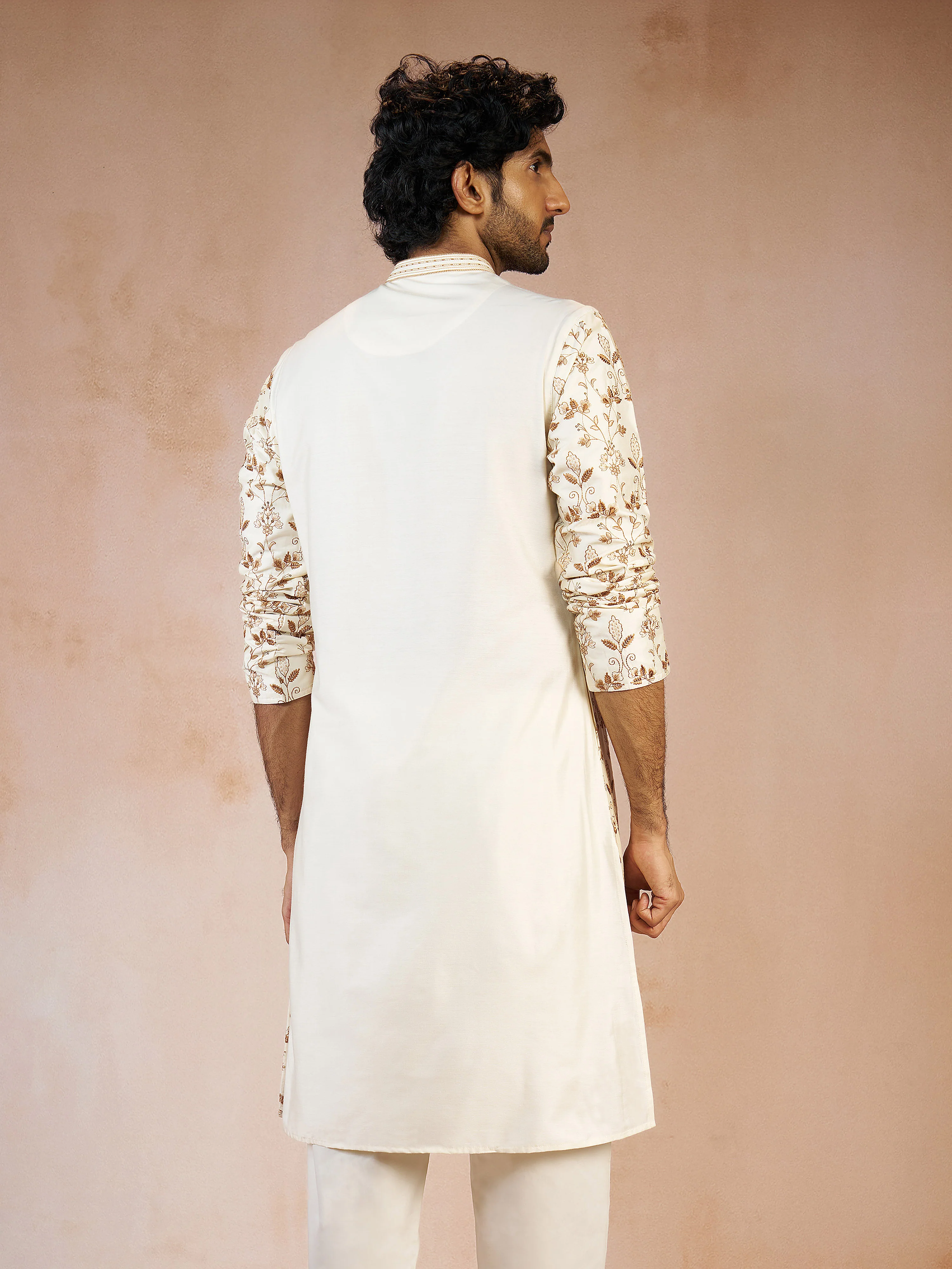 Men's Cream All-Over Floral Thread Embroidered Viscose Silk Straight Kurta - Image 5