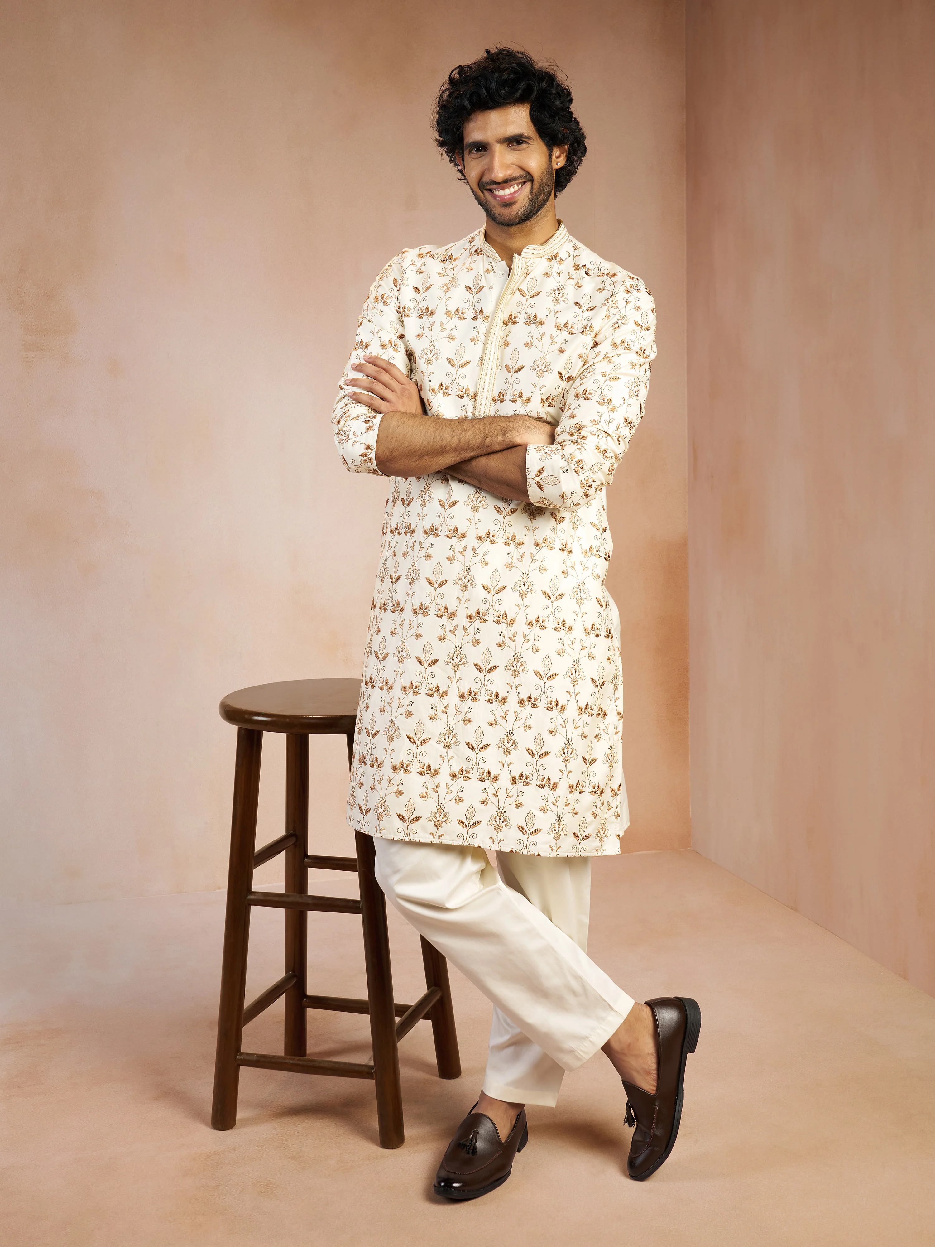 Men's Cream All-Over Floral Thread Embroidered Viscose Silk Straight Kurta - Image 6