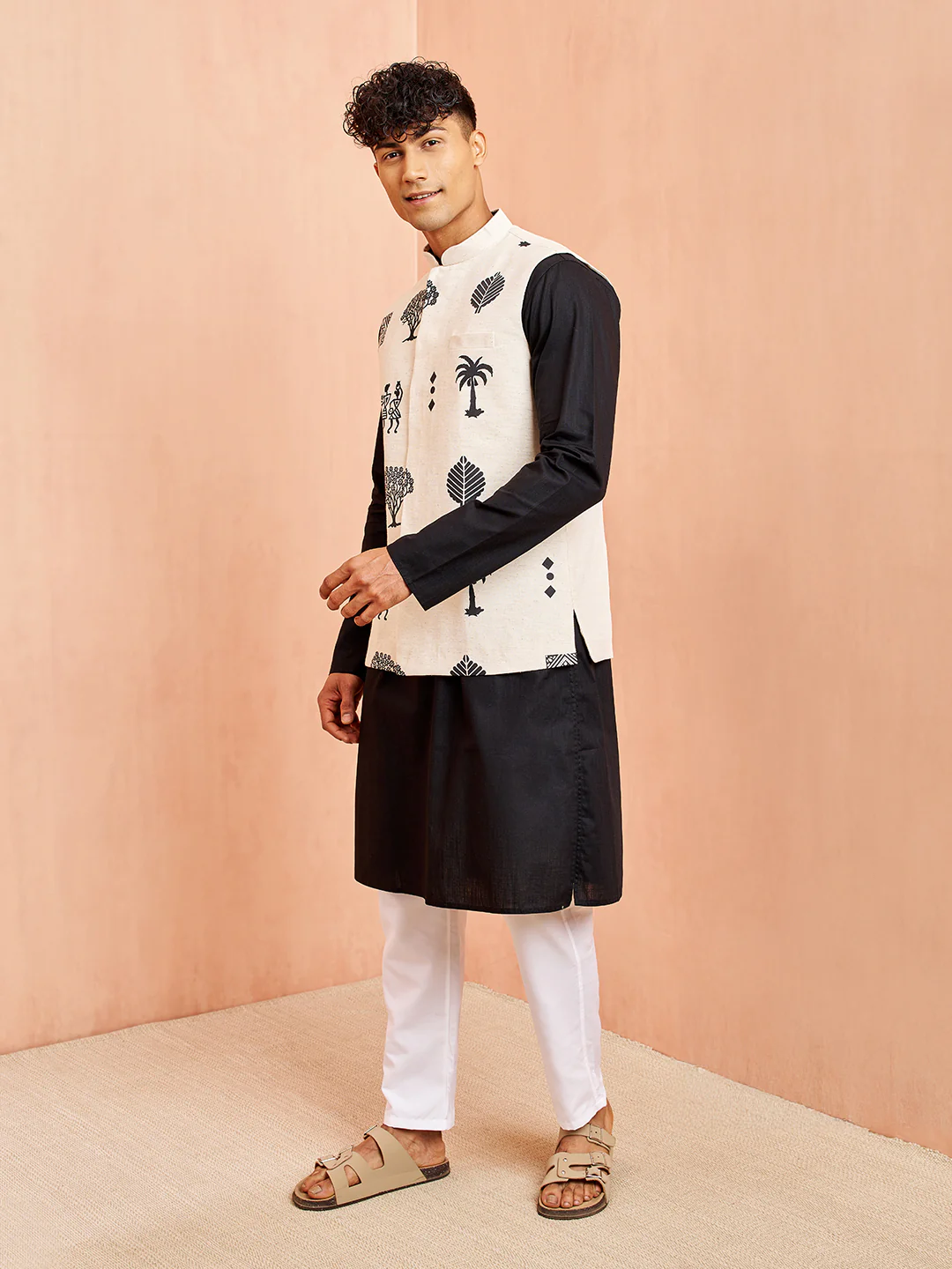 Men's Cream Block Print Nehru Jacket Black Kurta White Pyjama Set - Image 4