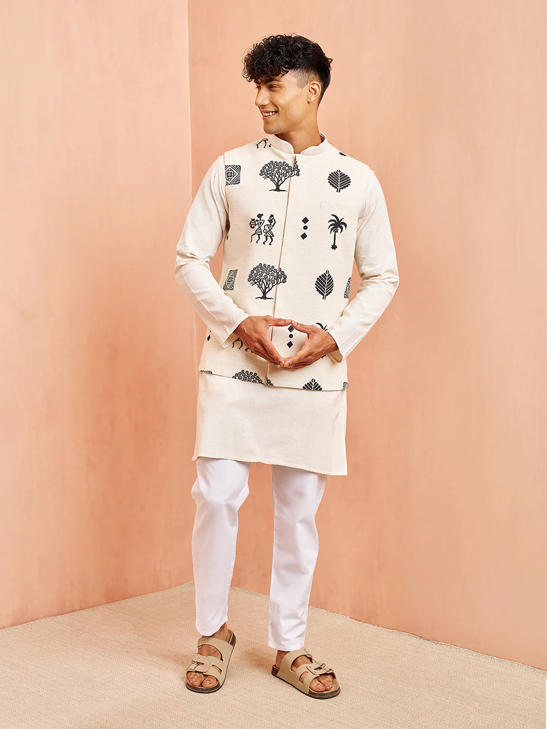 Men's Cream Block Print Nehru Jacket with Mid Length Kurta Pyjama Set - Image 3