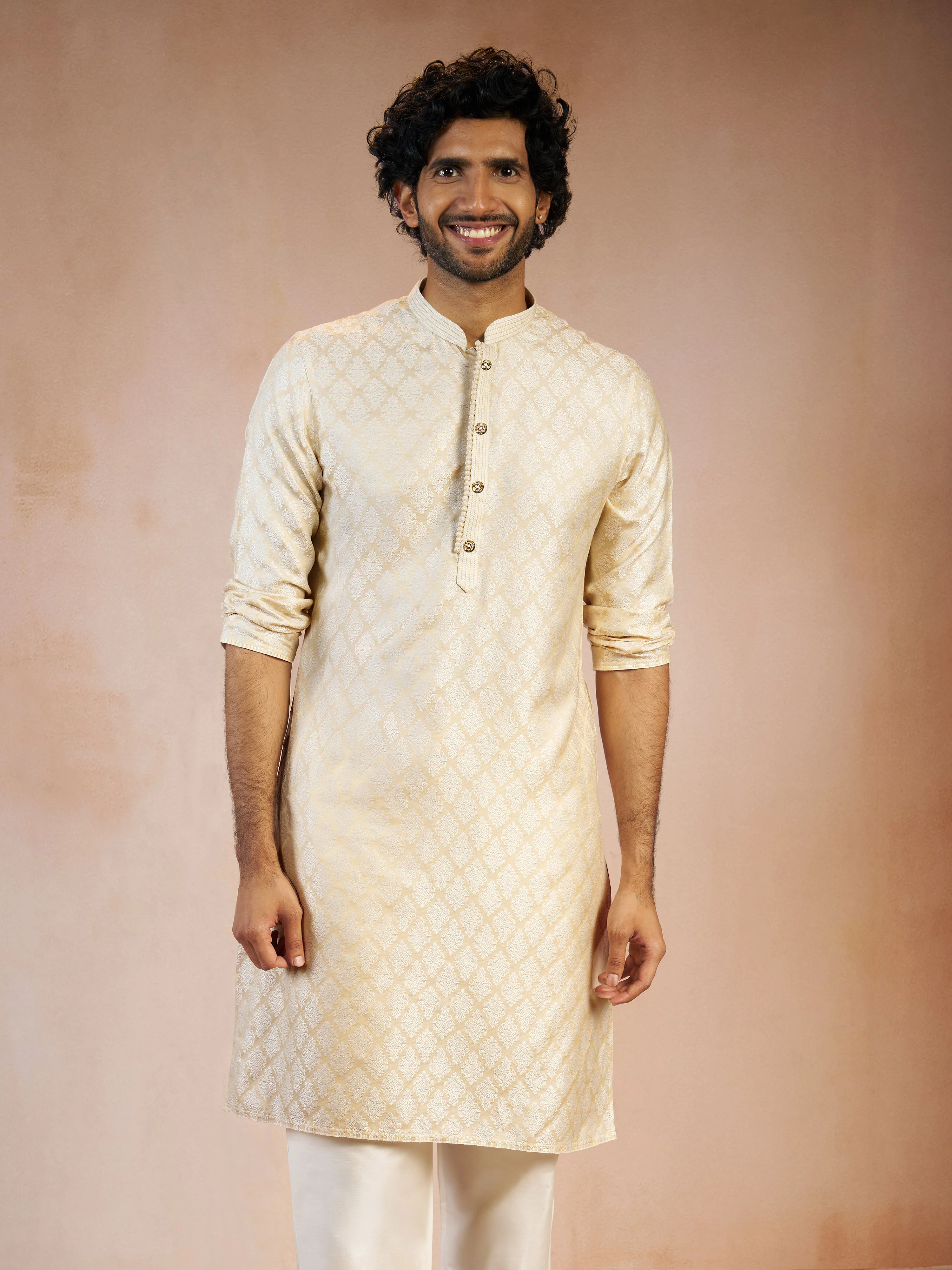 Men's Cream Jacquard Geometric Thread Embroidered Silk Blend Straight Kurta - Image 4