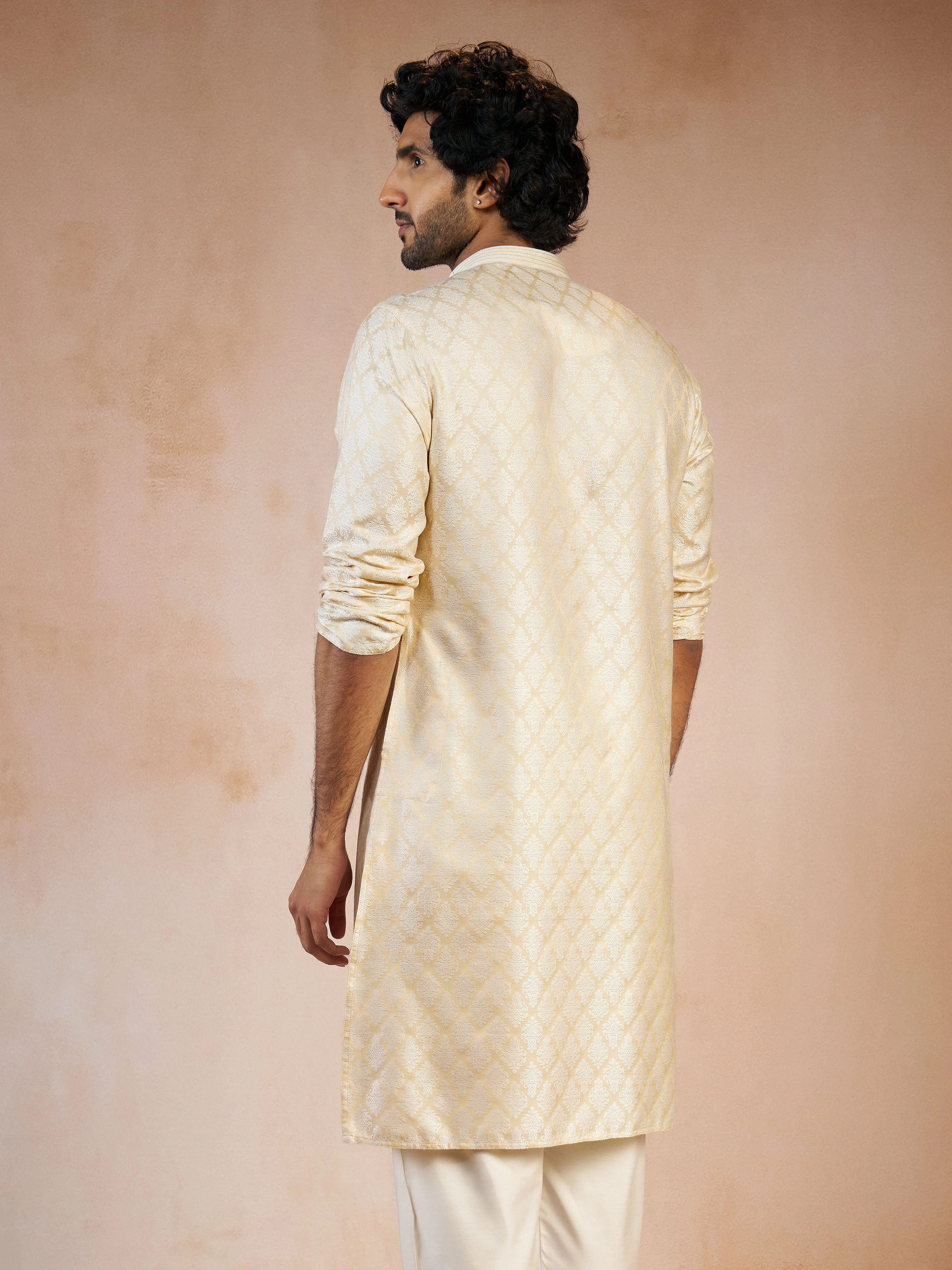 Men's Cream Jacquard Geometric Thread Embroidered Silk Blend Straight Kurta - Image 5