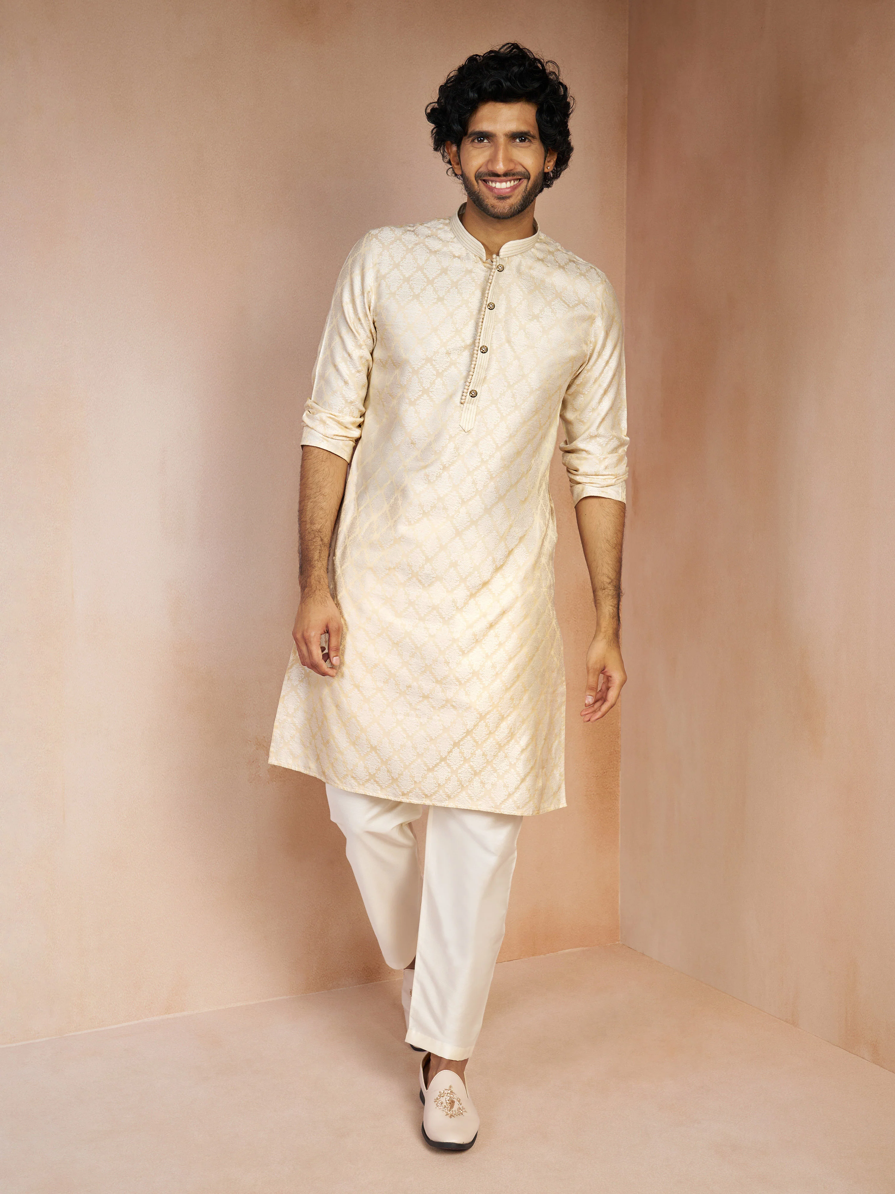 Men's Cream Jacquard Geometric Thread Embroidered Silk Blend Straight Kurta - Image 6