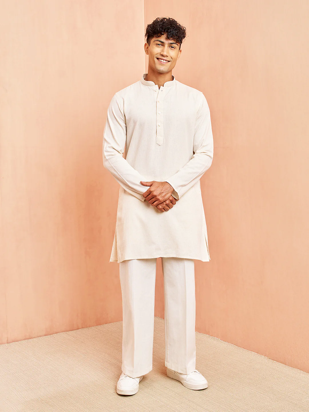 Men's Cream Mid Length Kurta with White Pant Set - Image 3