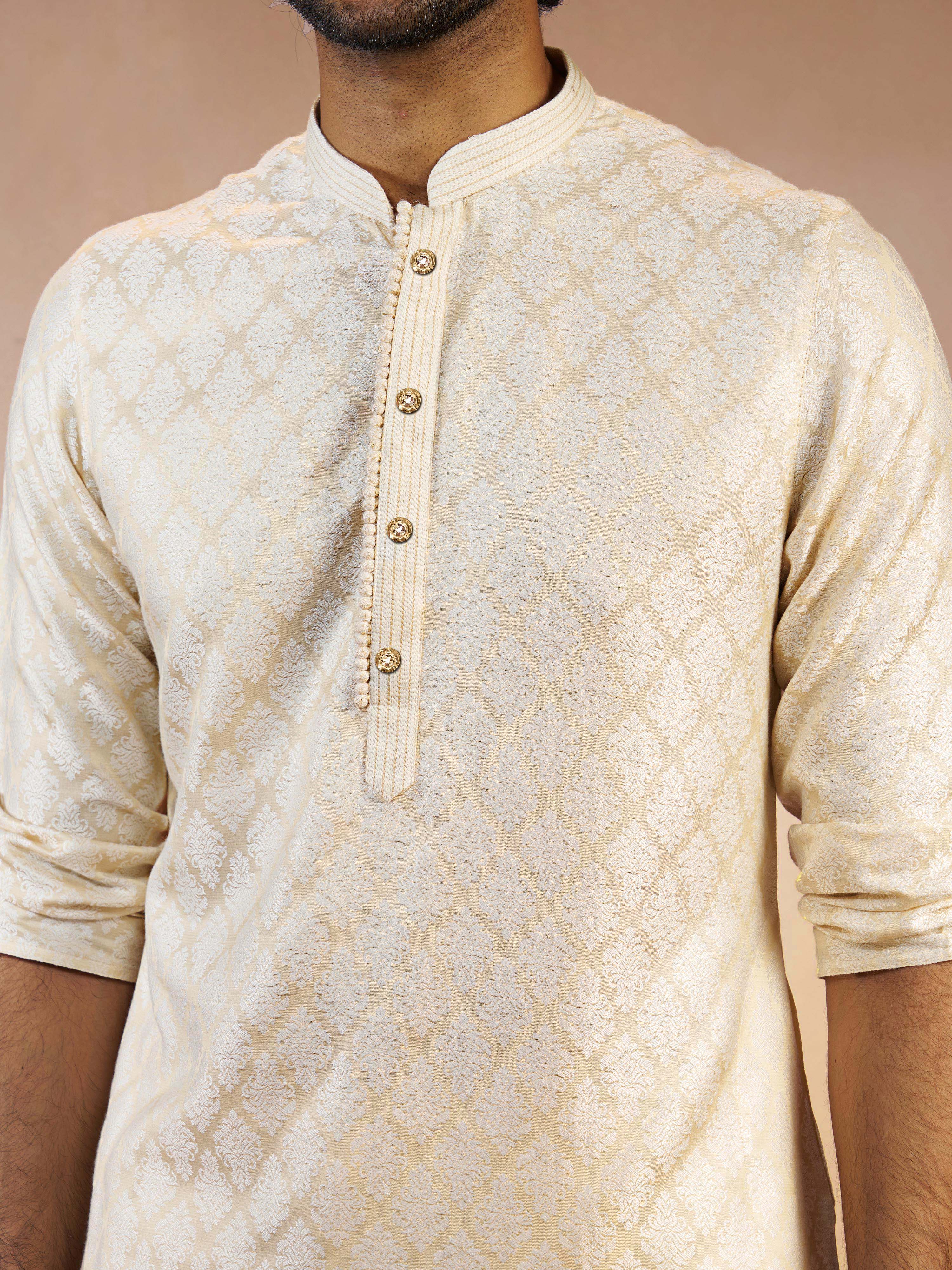 Men's Cream Silk Blend Jacquard Thread Embroidery Long Kurta with Cream Viscose Pyjama Set - Image 2