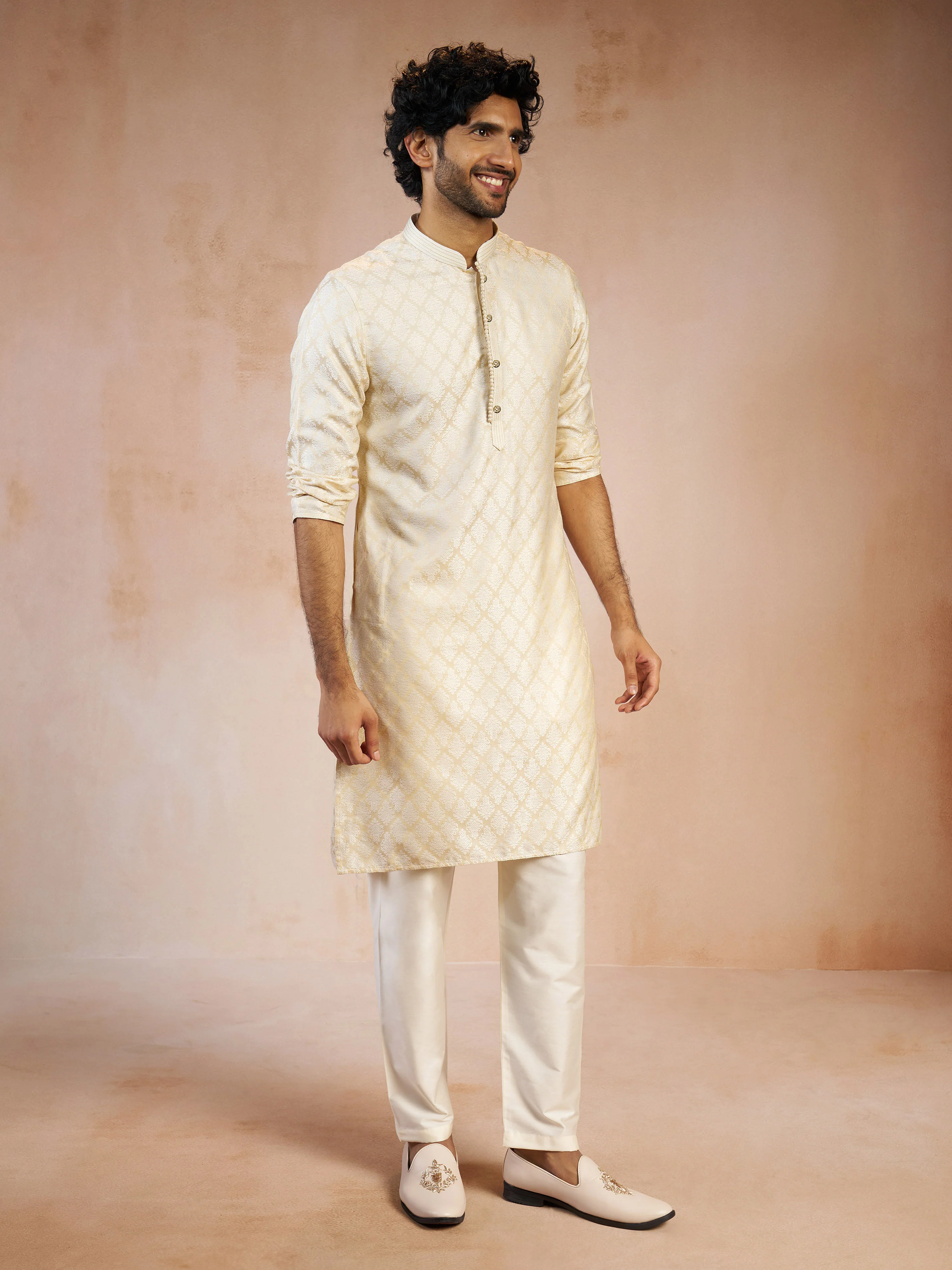Men's Cream Silk Blend Jacquard Thread Embroidery Long Kurta with Cream Viscose Pyjama Set - Image 3