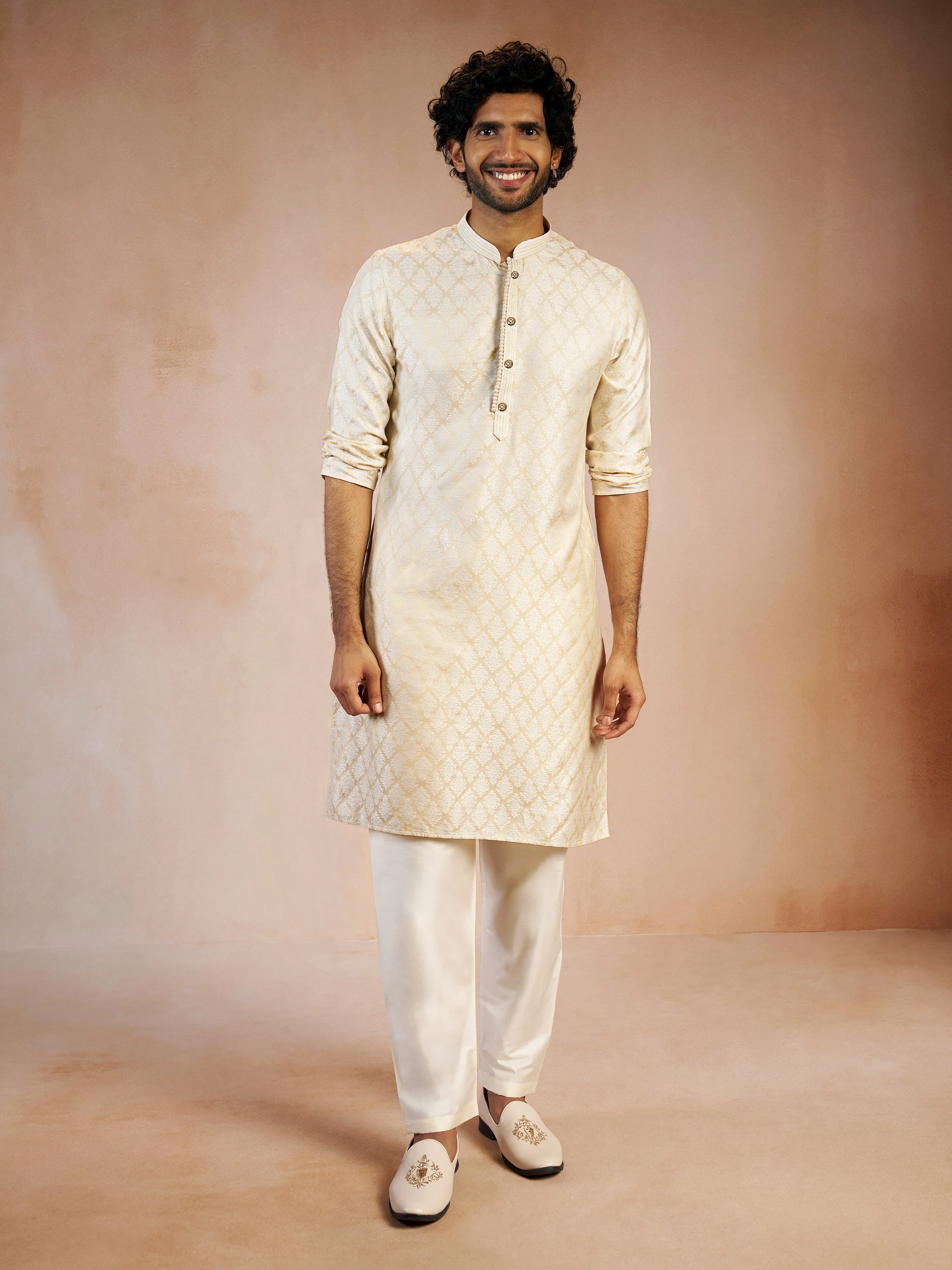 Men's Cream Silk Blend Jacquard Thread Embroidery Long Kurta with Cream Viscose Pyjama Set - Image 4