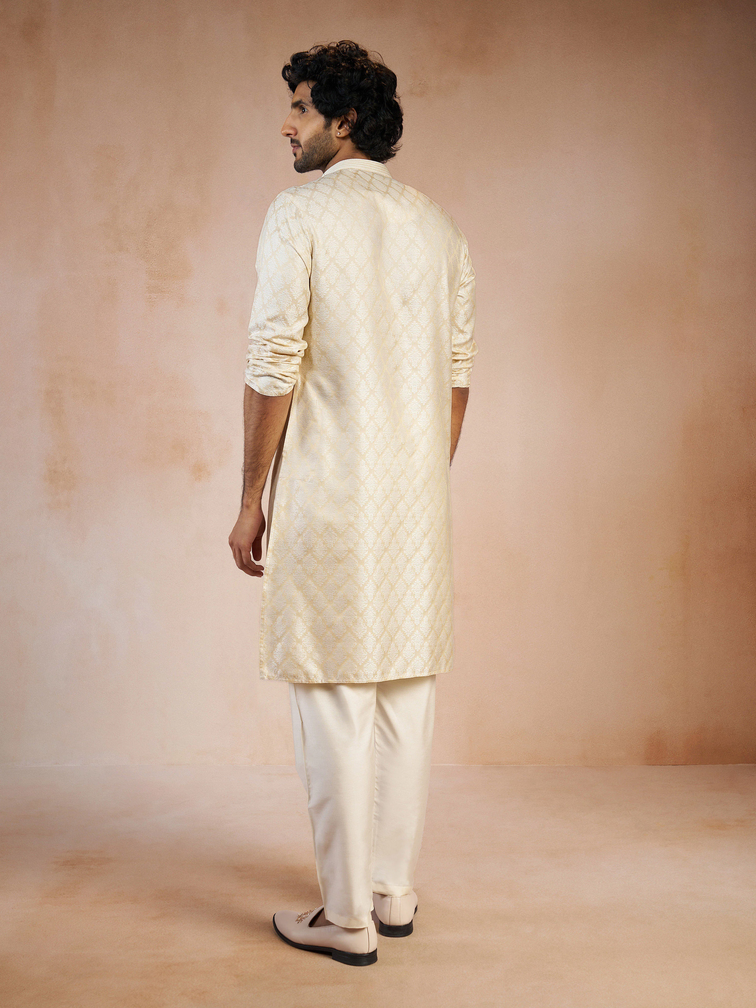 Men's Cream Silk Blend Jacquard Thread Embroidery Long Kurta with Cream Viscose Pyjama Set - Image 5
