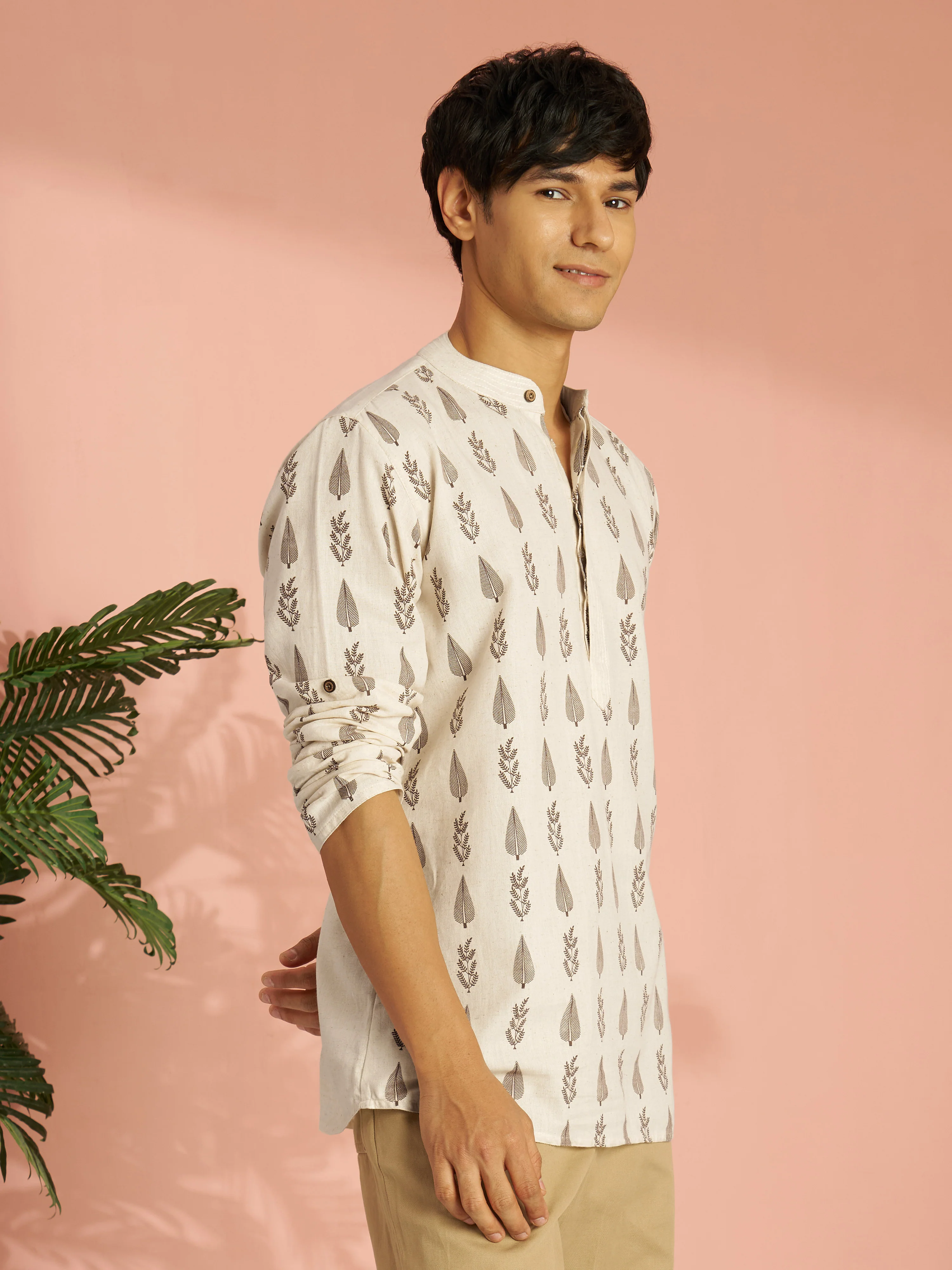 Men's Cream Tropical Digital Print Cotton Short Kurta - Image 4