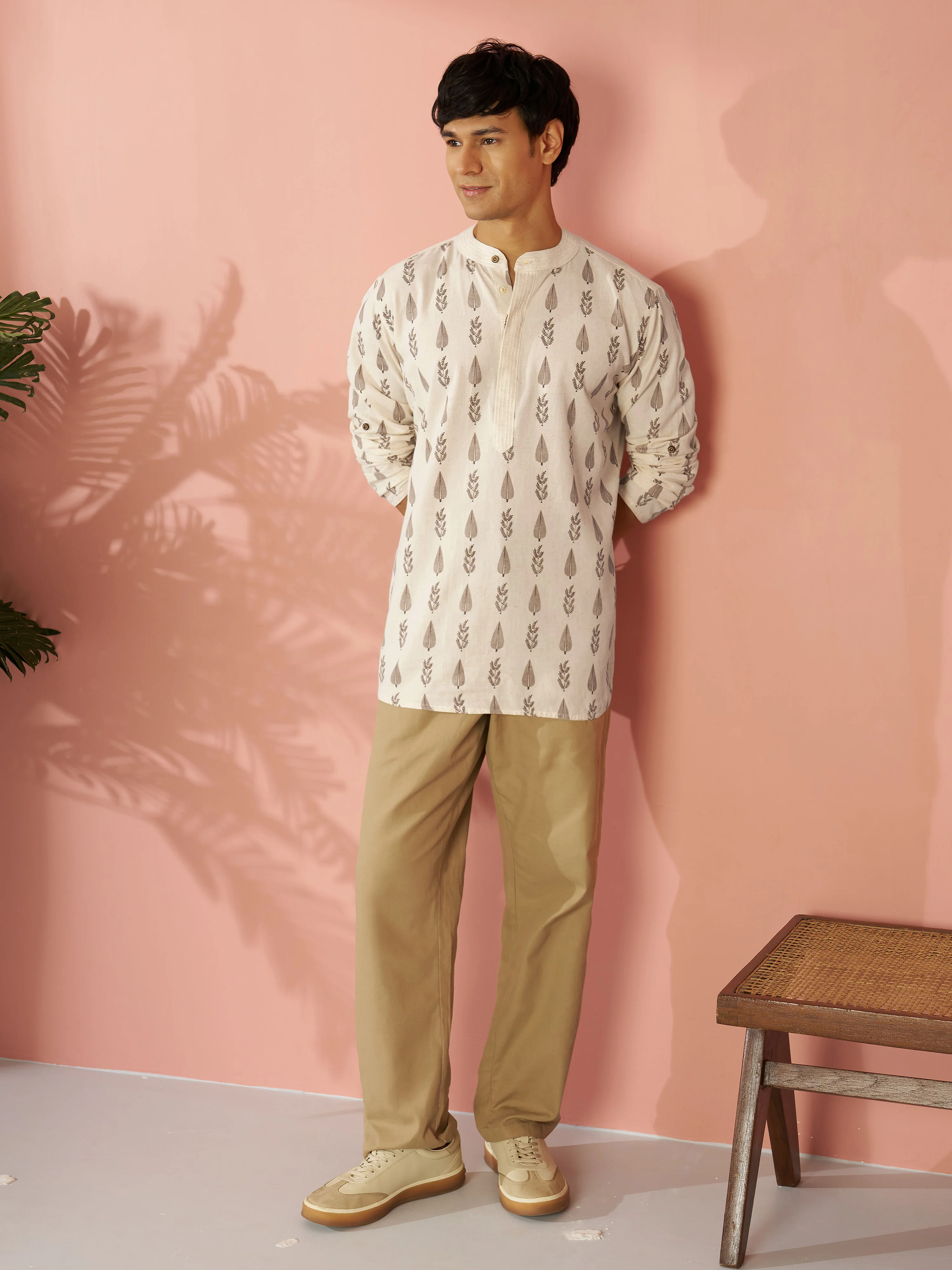 Men's Cream Tropical Digital Print Cotton Short Kurta - Image 6