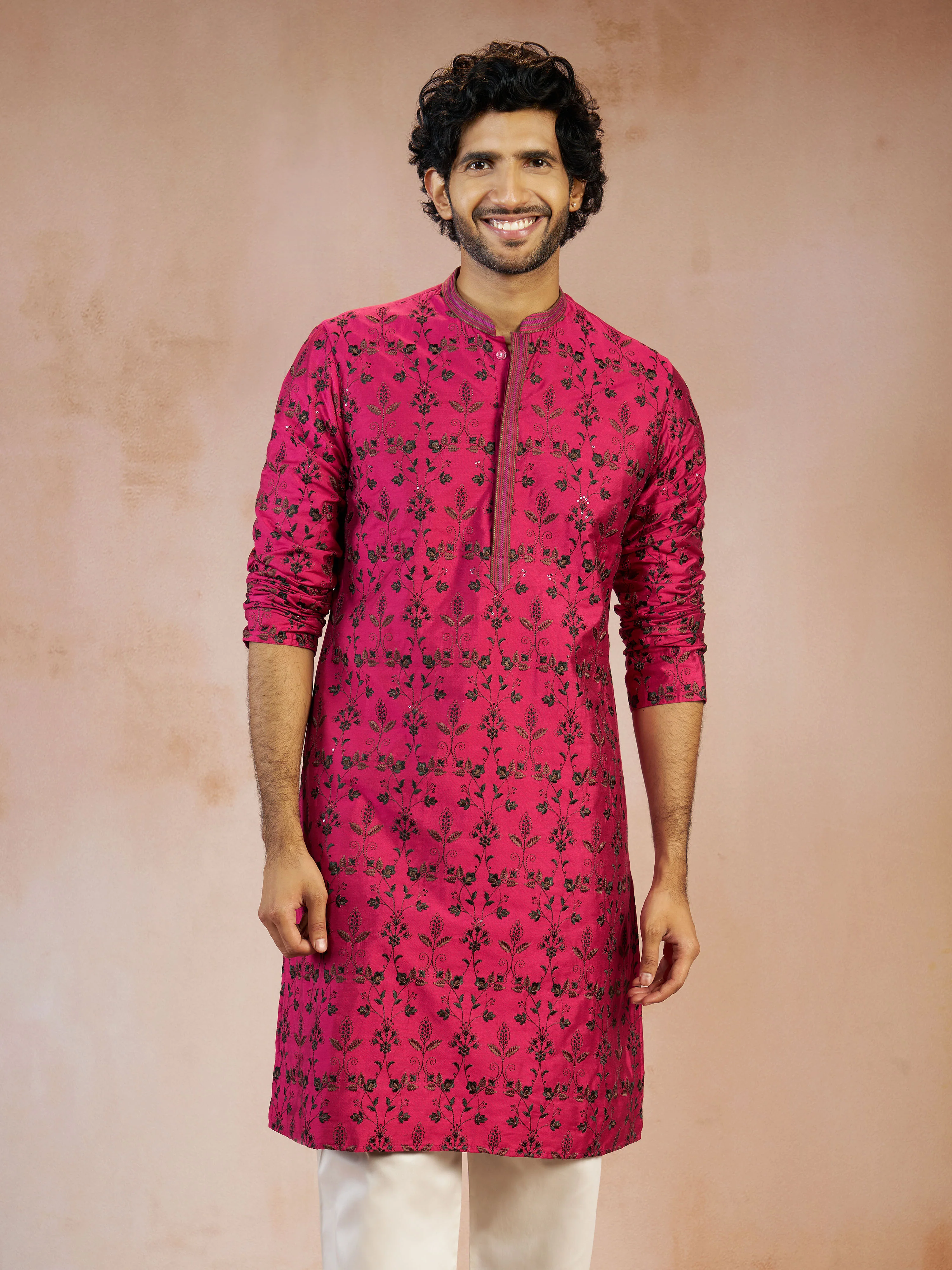 Men's Falsa All-Over Floral Thread Embroidered Viscose Silk Straight Kurta - Image 3