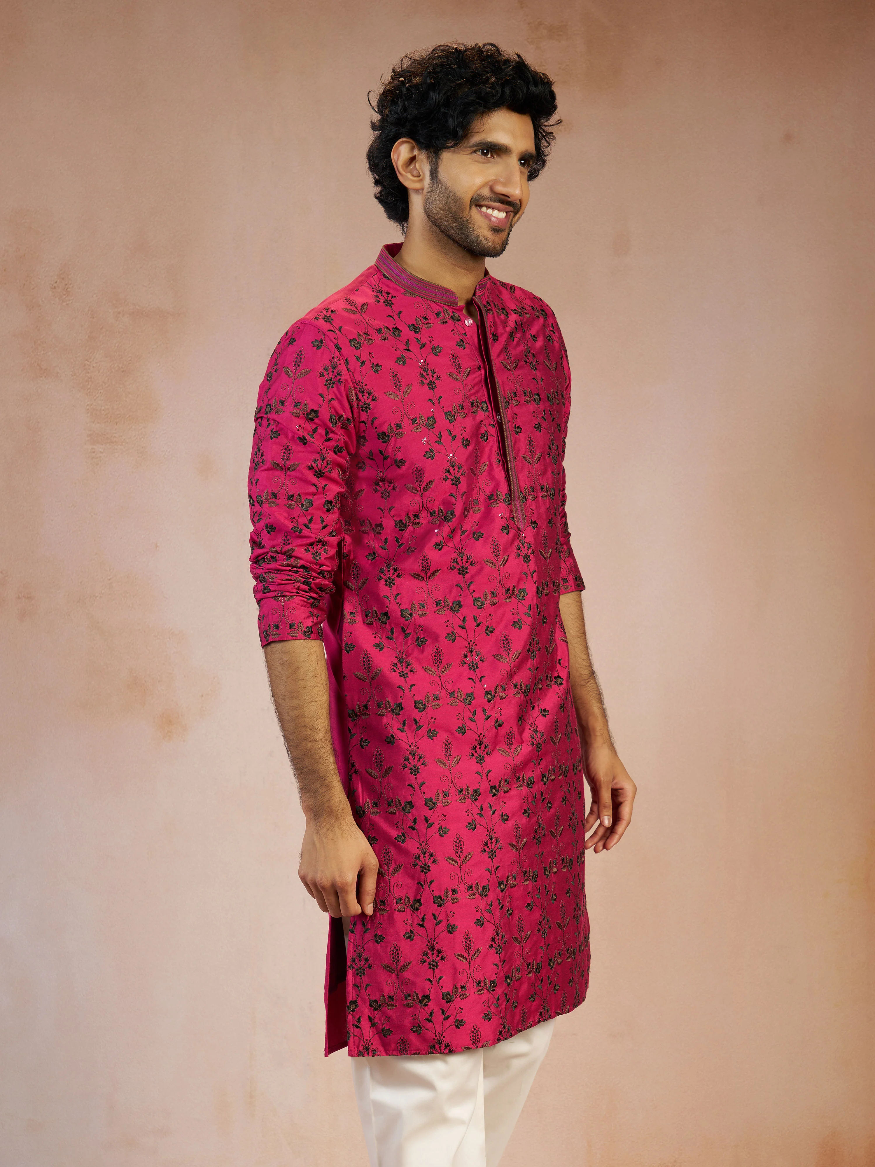 Men's Falsa All-Over Floral Thread Embroidered Viscose Silk Straight Kurta - Image 4