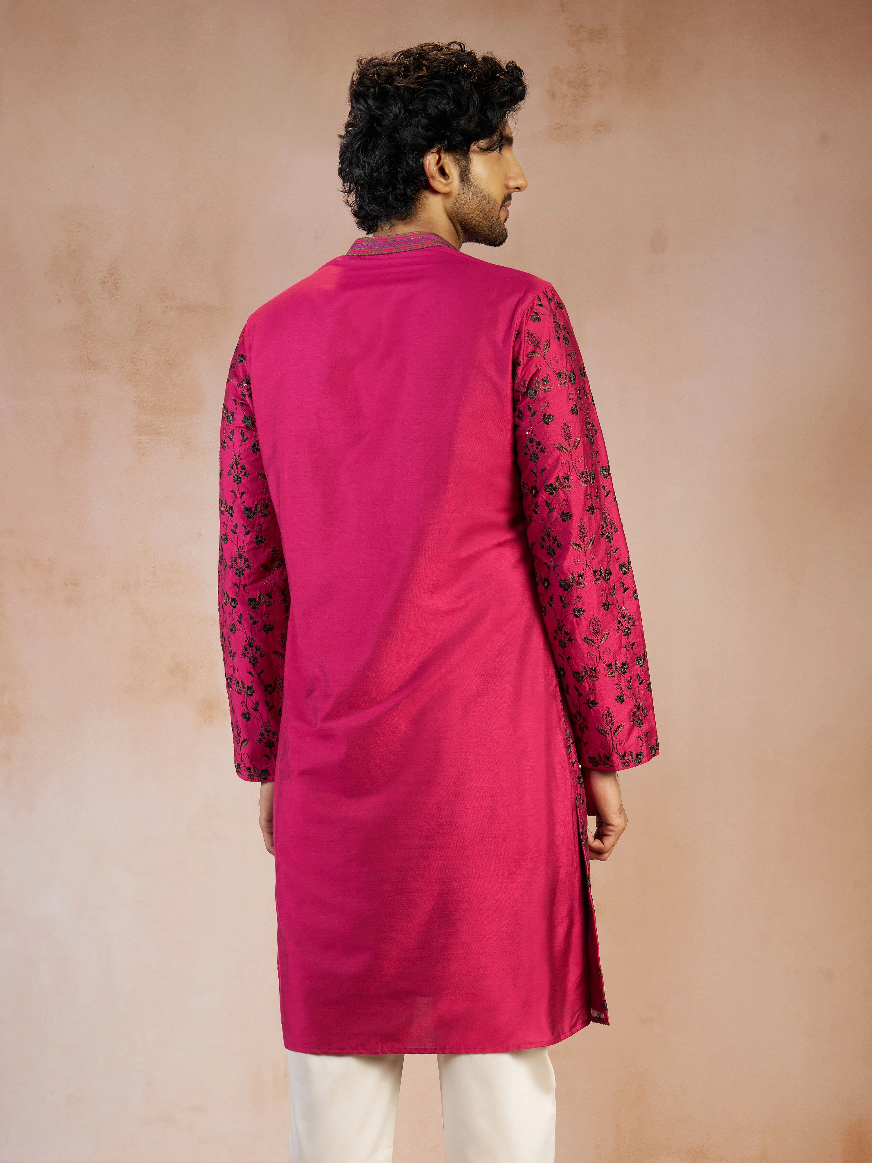 Men's Falsa All-Over Floral Thread Embroidered Viscose Silk Straight Kurta - Image 5