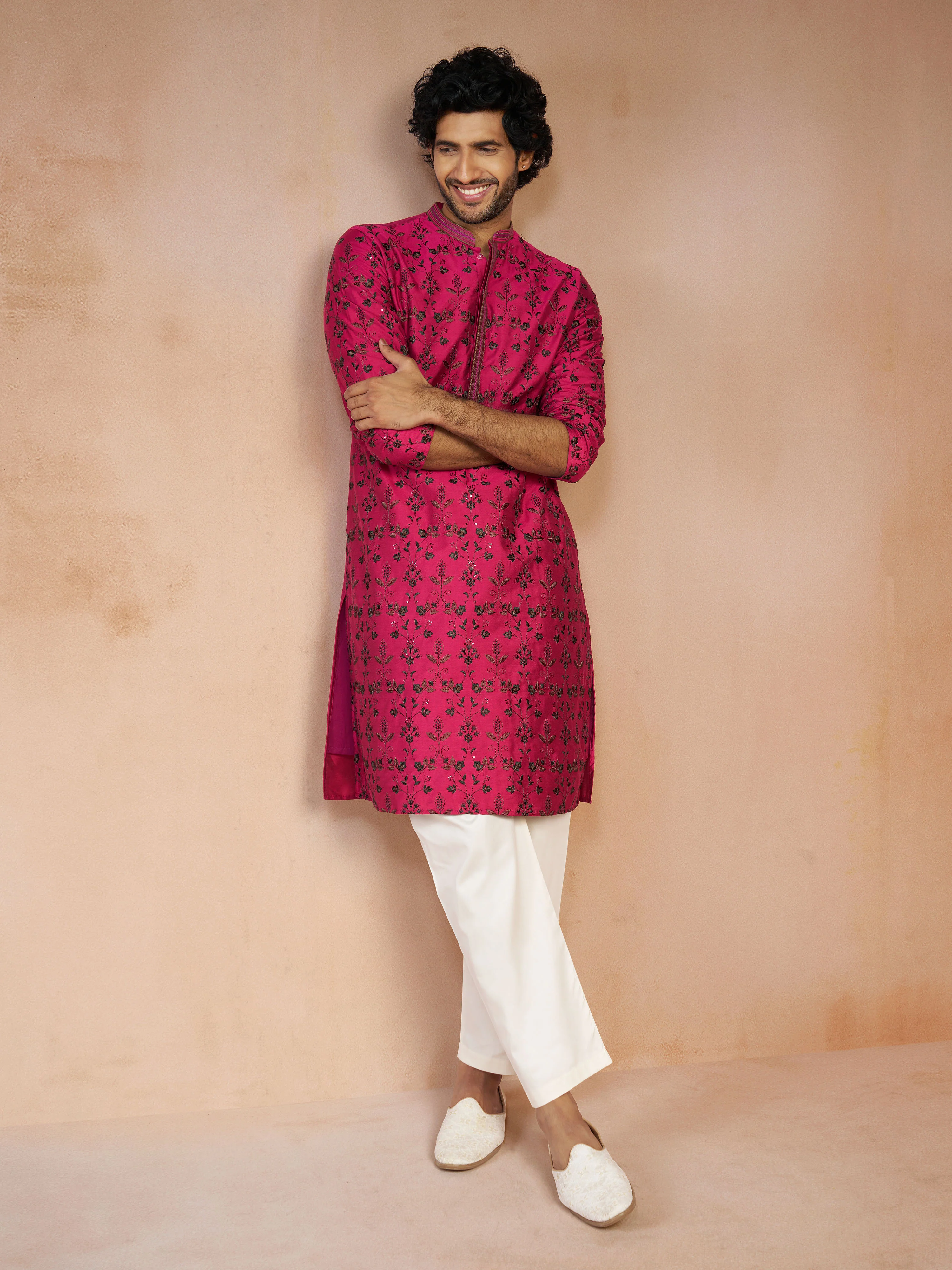 Men's Falsa All-Over Floral Thread Embroidered Viscose Silk Straight Kurta - Image 6