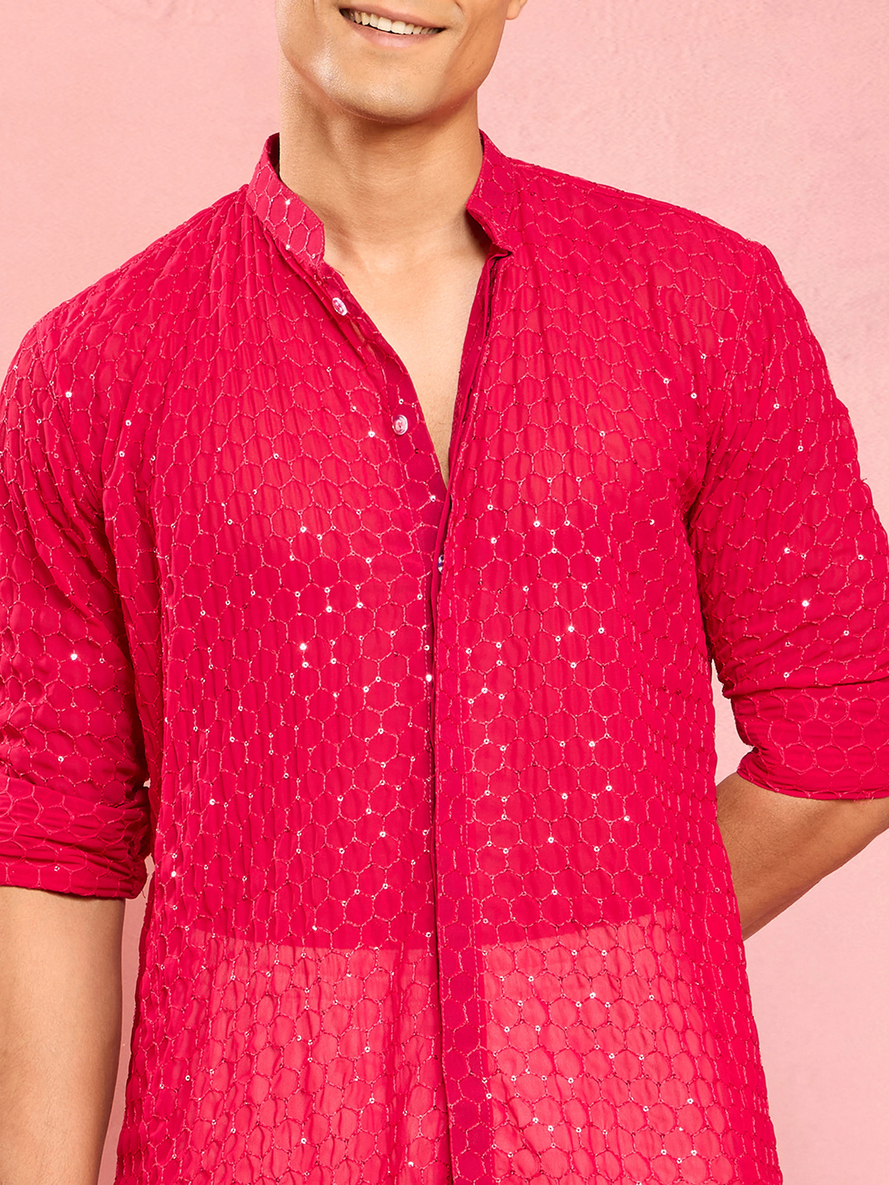 Men's Falsa Georgette Embroidered Mid-Length Kurta with Cream Patiyala Set - Image 2