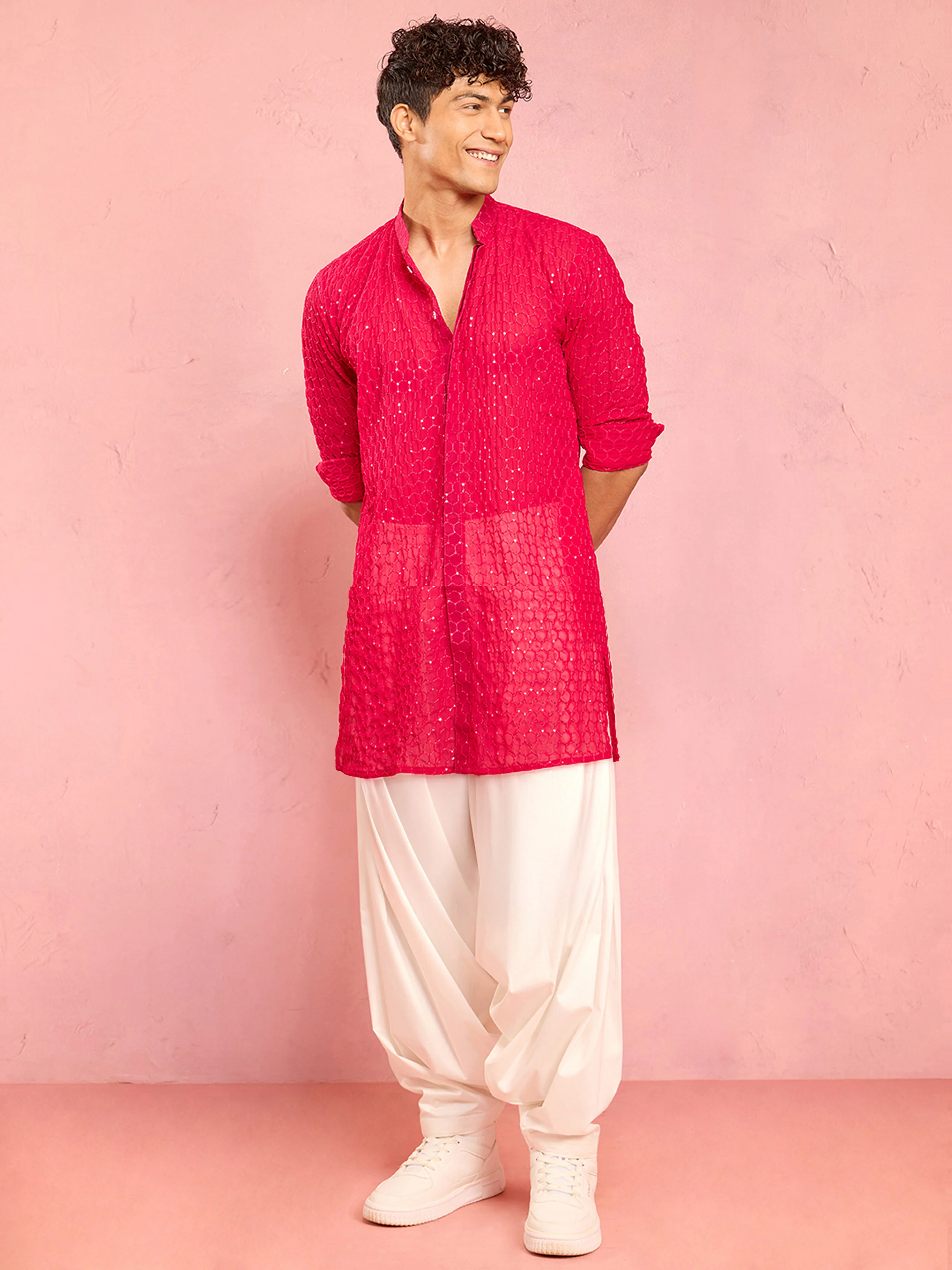 Men's Falsa Georgette Embroidered Mid-Length Kurta with Cream Patiyala Set - Image 4
