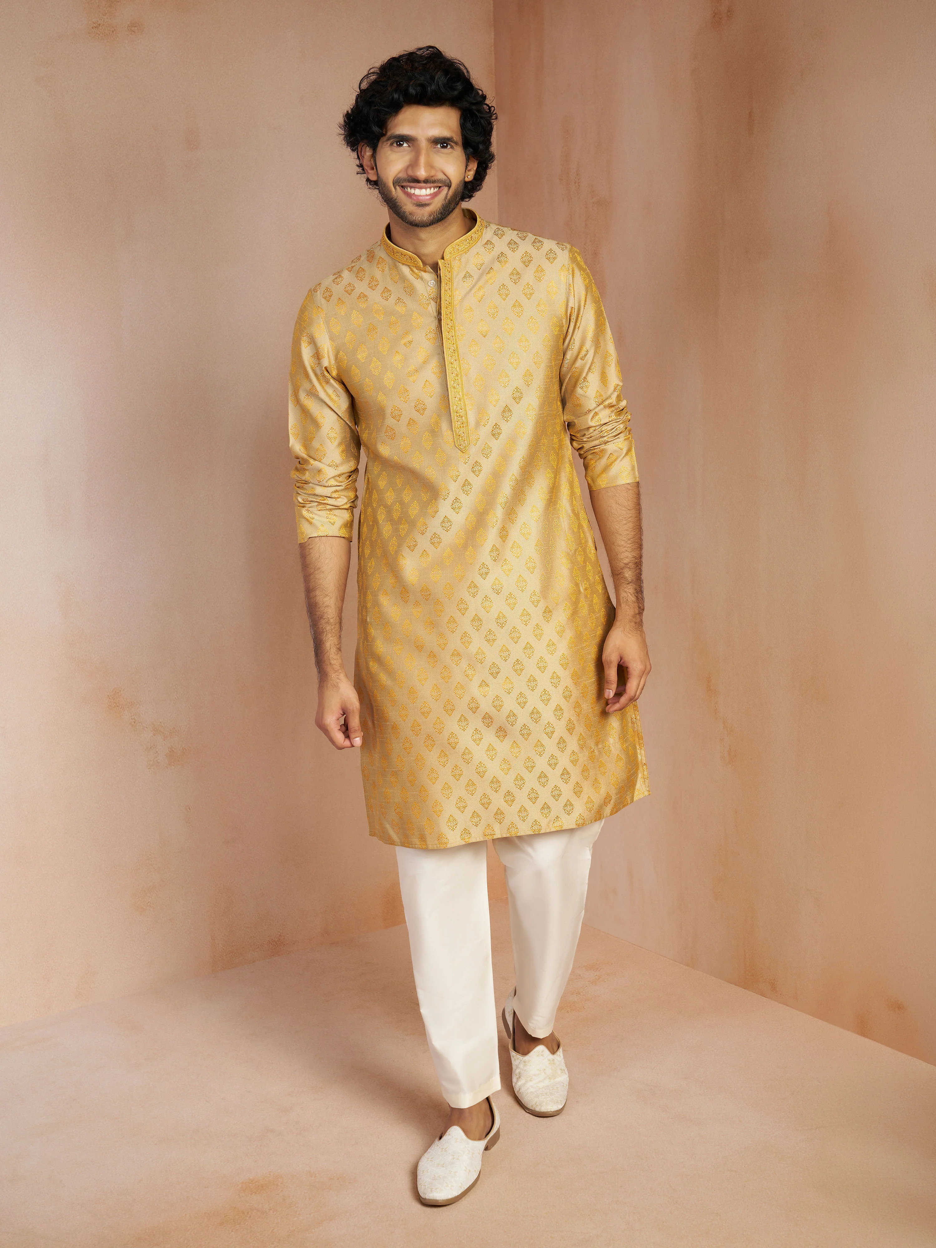 Men's Gold Sequin Embroidered Silk Blend Jacquard Kurta with Cream Viscose Pyjama Set