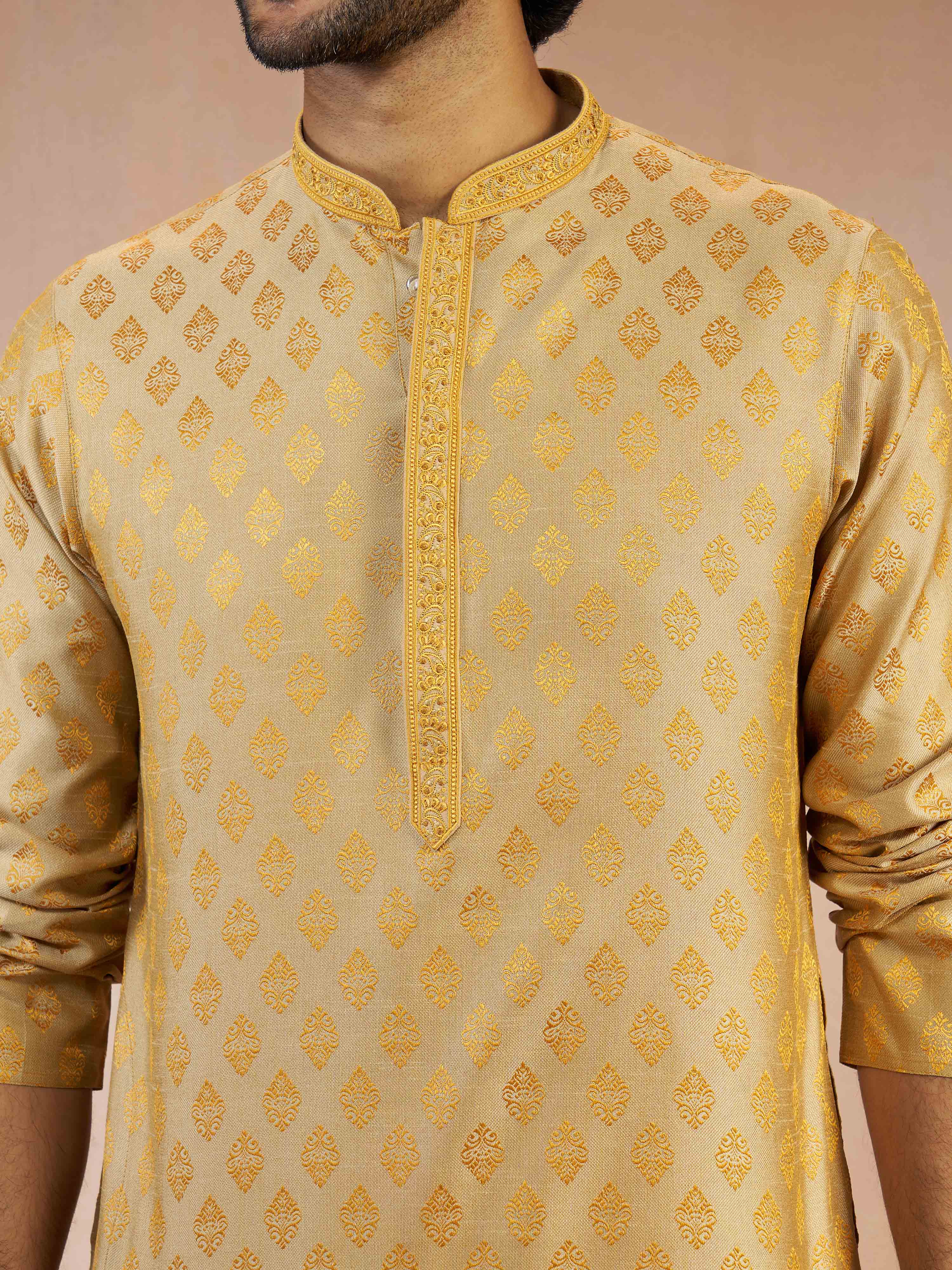 Men's Gold Sequin Embroidered Silk Blend Jacquard Kurta with Cream Viscose Pyjama Set - Image 2