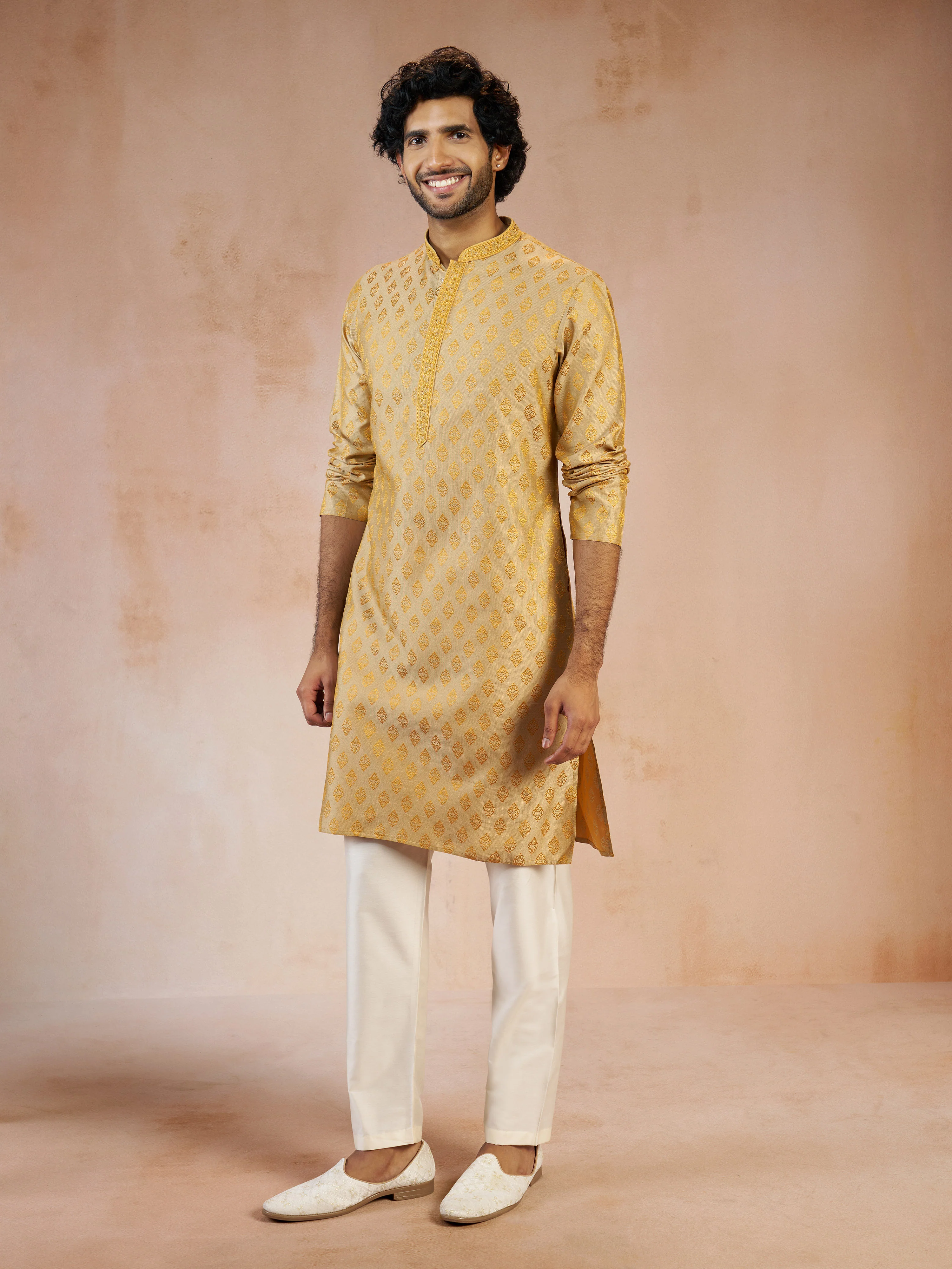 Men's Gold Sequin Embroidered Silk Blend Jacquard Kurta with Cream Viscose Pyjama Set - Image 3