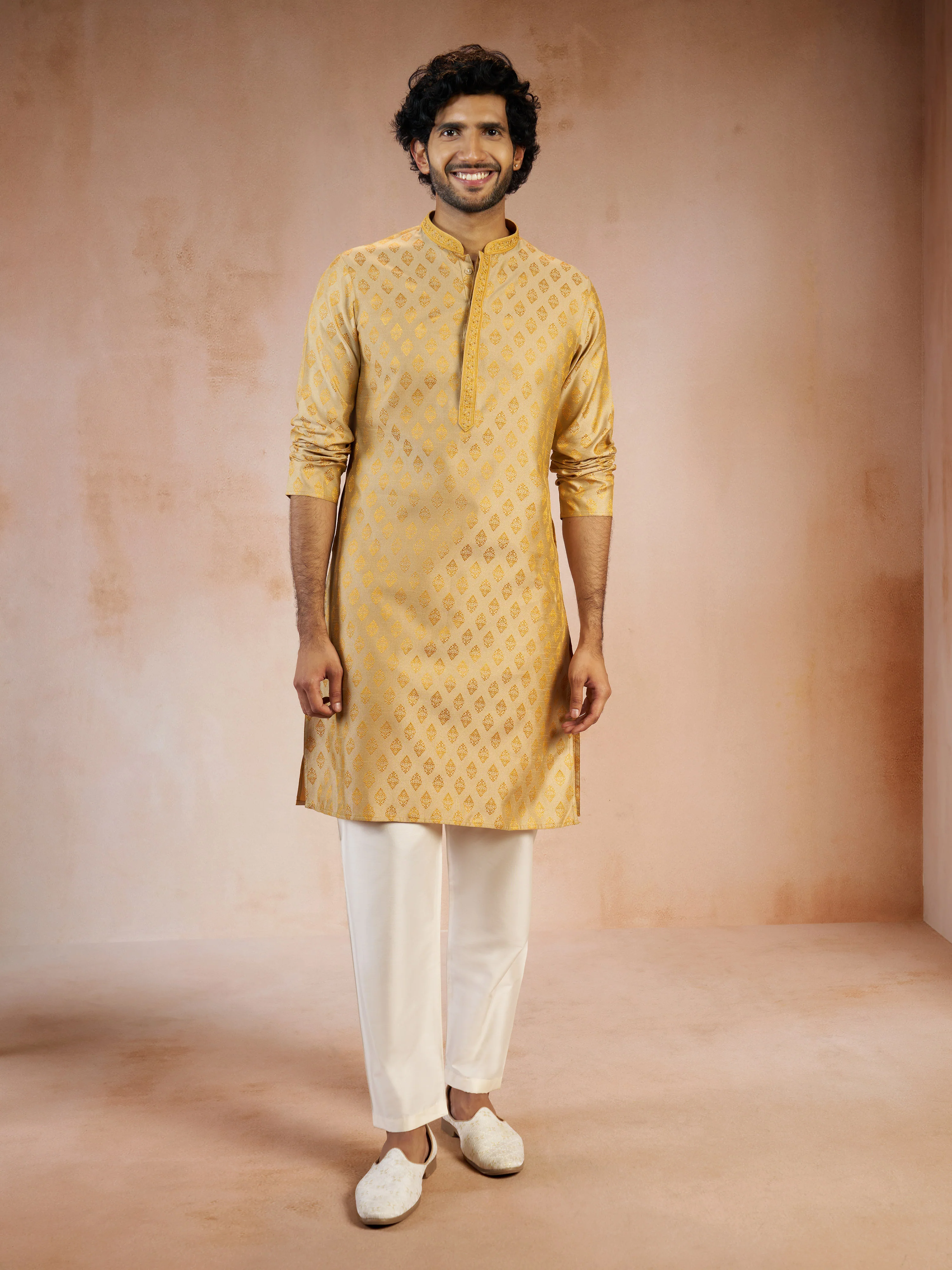 Men's Gold Sequin Embroidered Silk Blend Jacquard Kurta with Cream Viscose Pyjama Set - Image 4