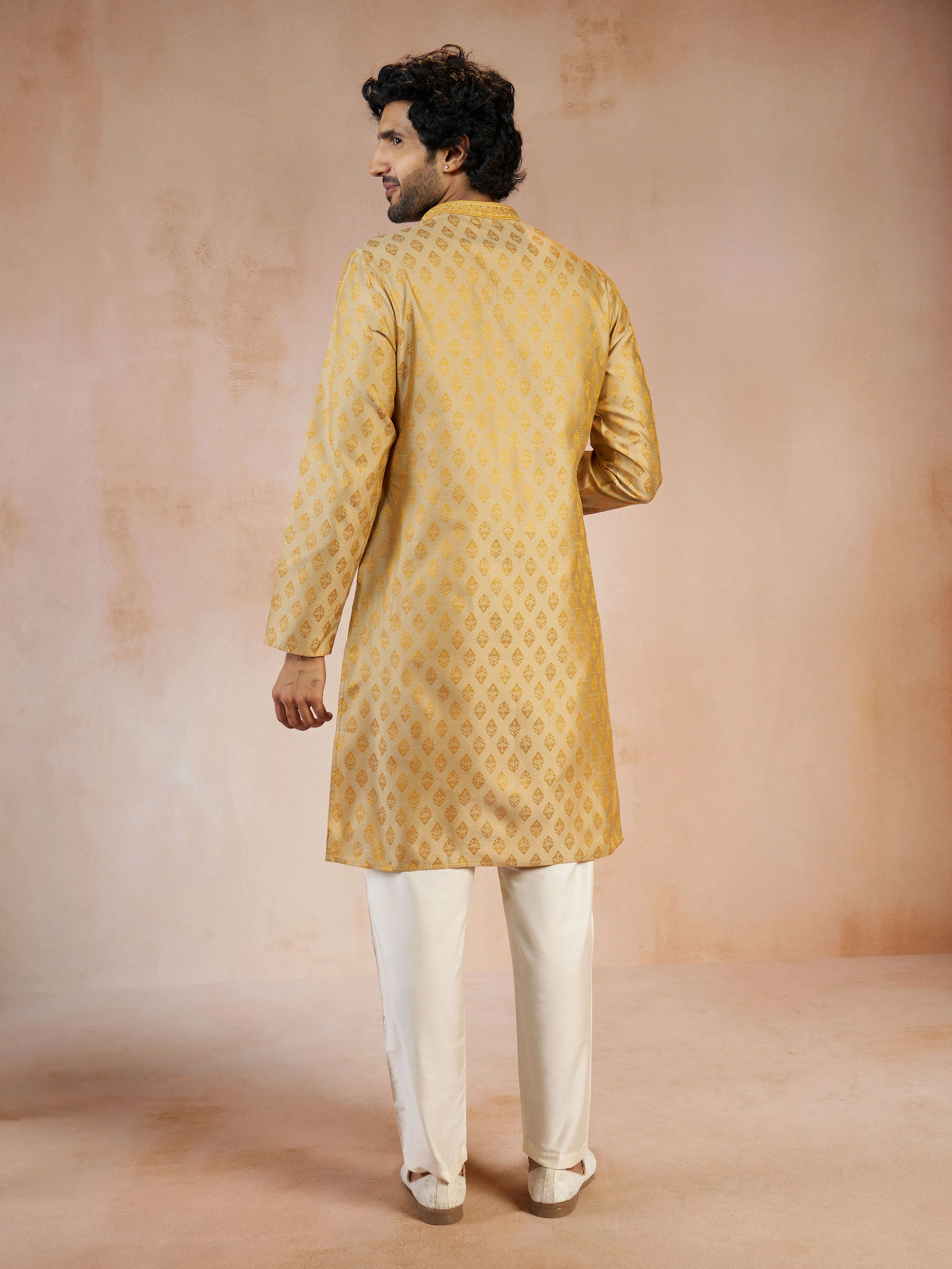 Men's Gold Sequin Embroidered Silk Blend Jacquard Kurta with Cream Viscose Pyjama Set - Image 5