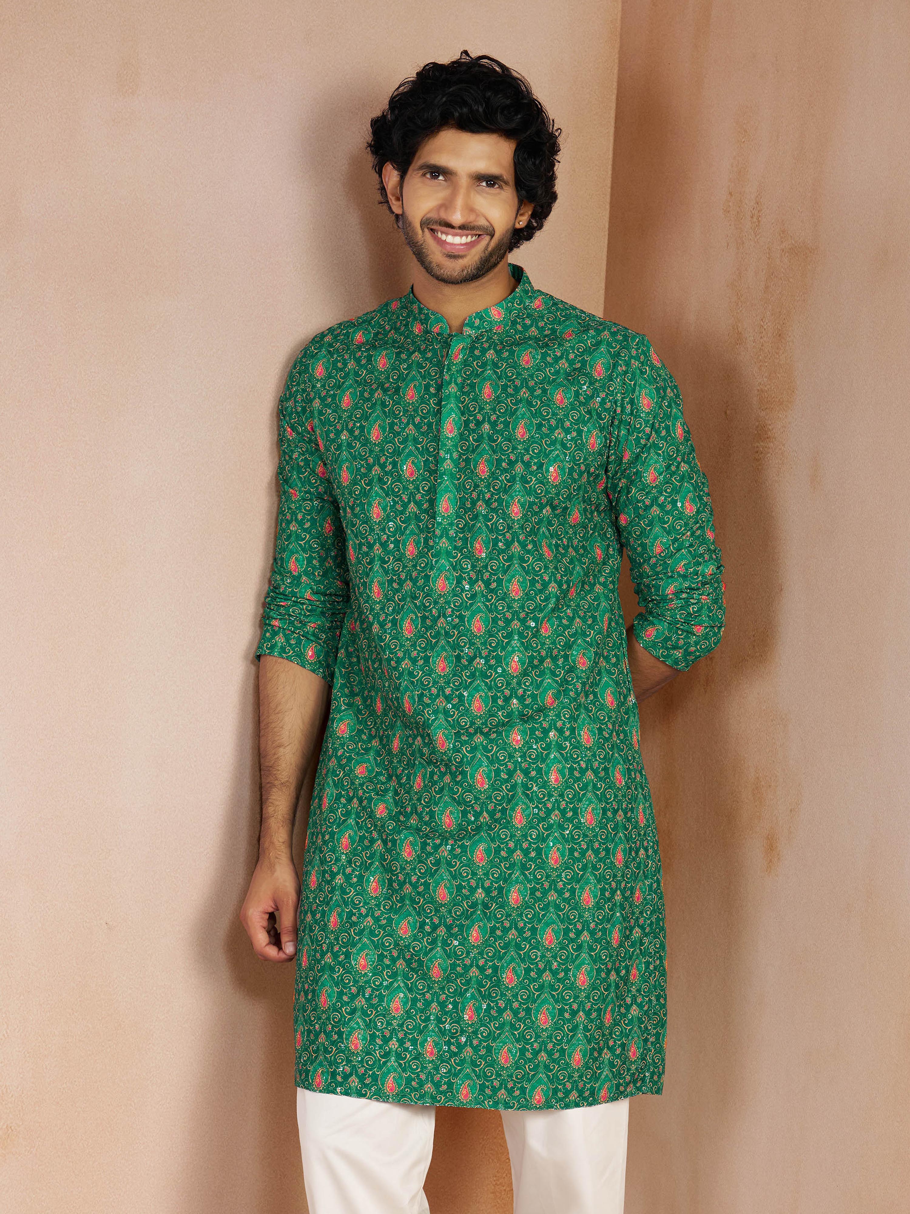 Men's Green Chikankari All-Over Geometric Embroidered Silk Blend Straight Kurta - Image 3