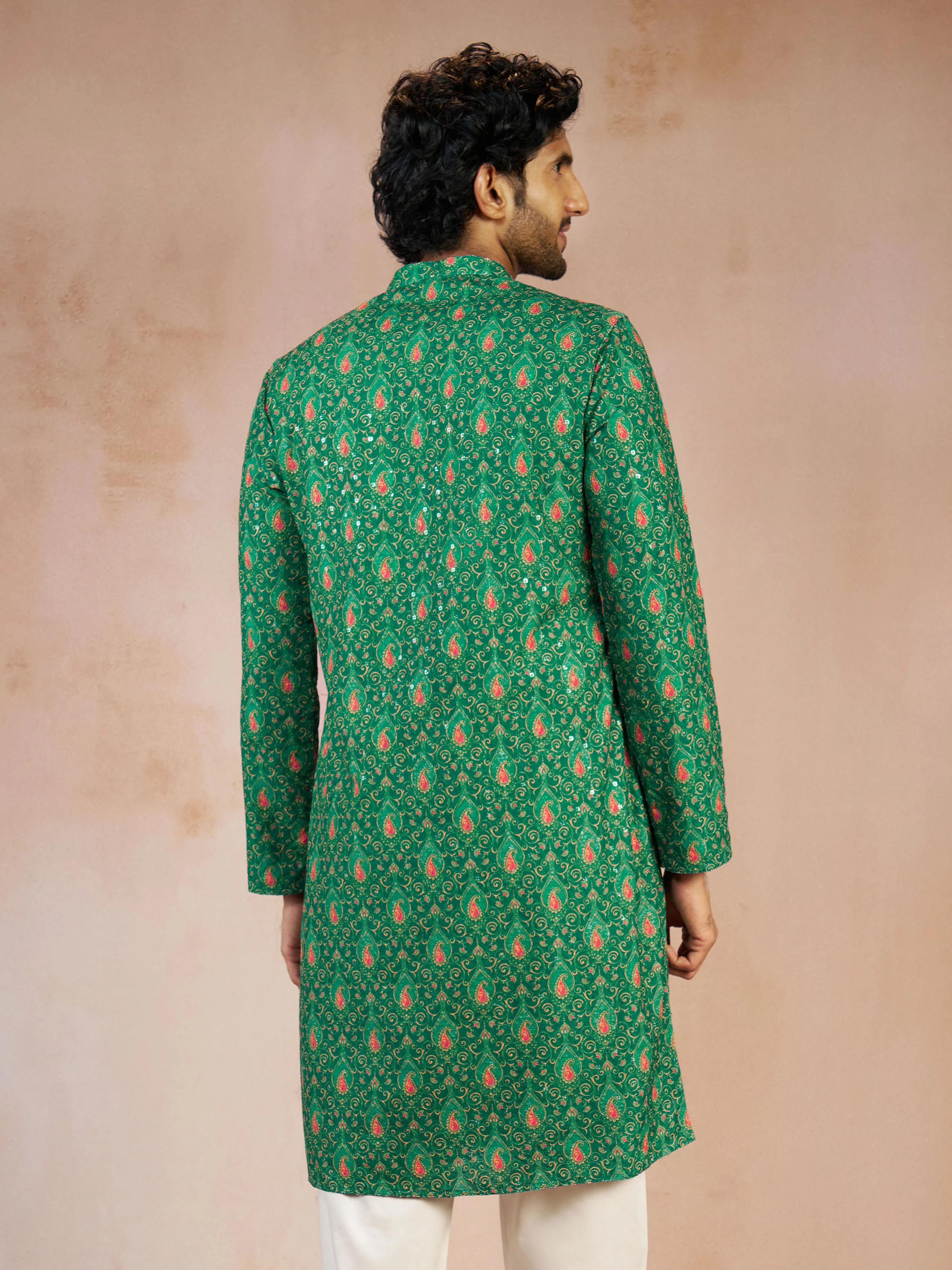 Men's Green Chikankari All-Over Geometric Embroidered Silk Blend Straight Kurta - Image 5