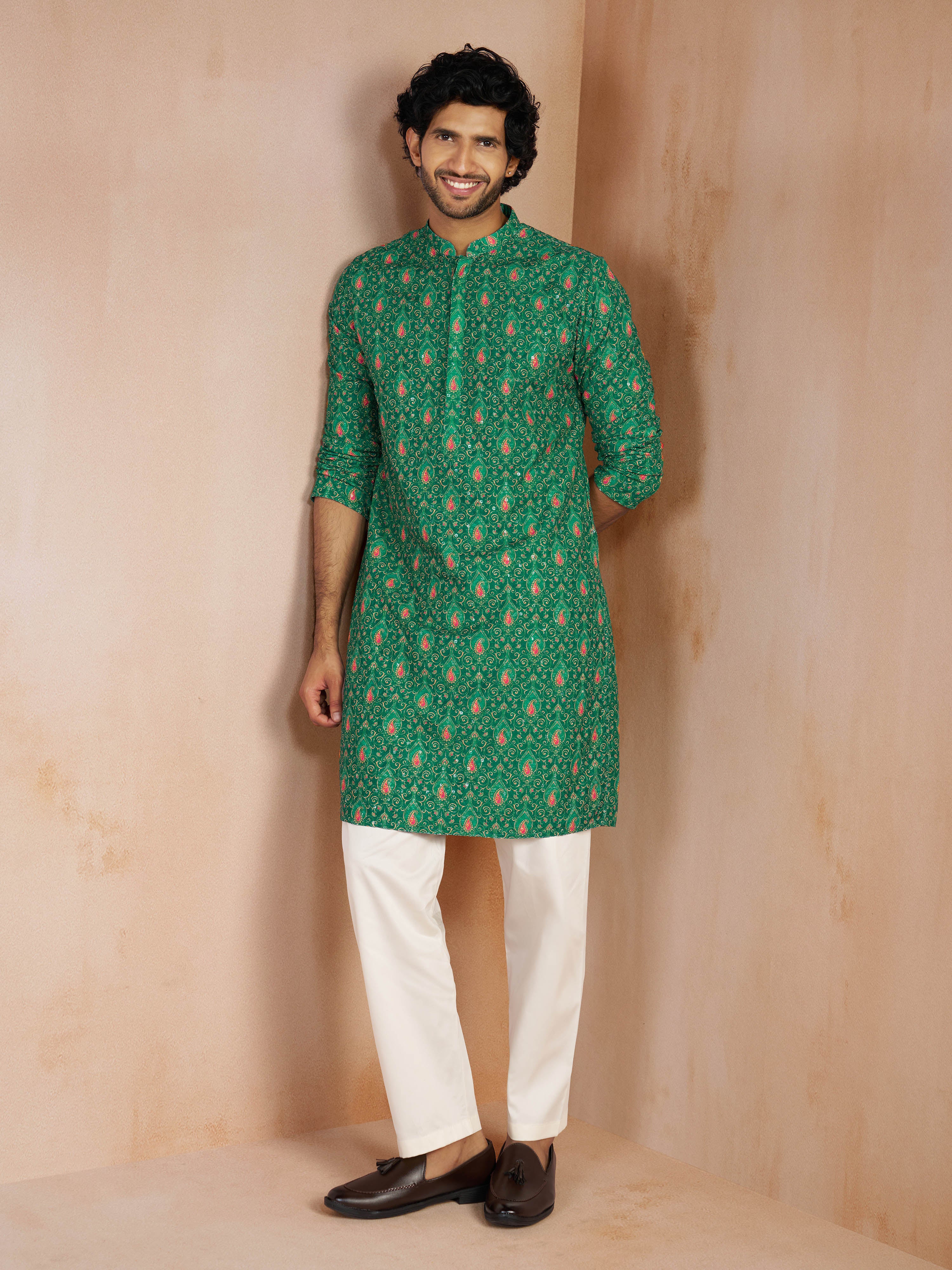 Men's Green Chikankari All-Over Geometric Embroidered Silk Blend Straight Kurta - Image 6