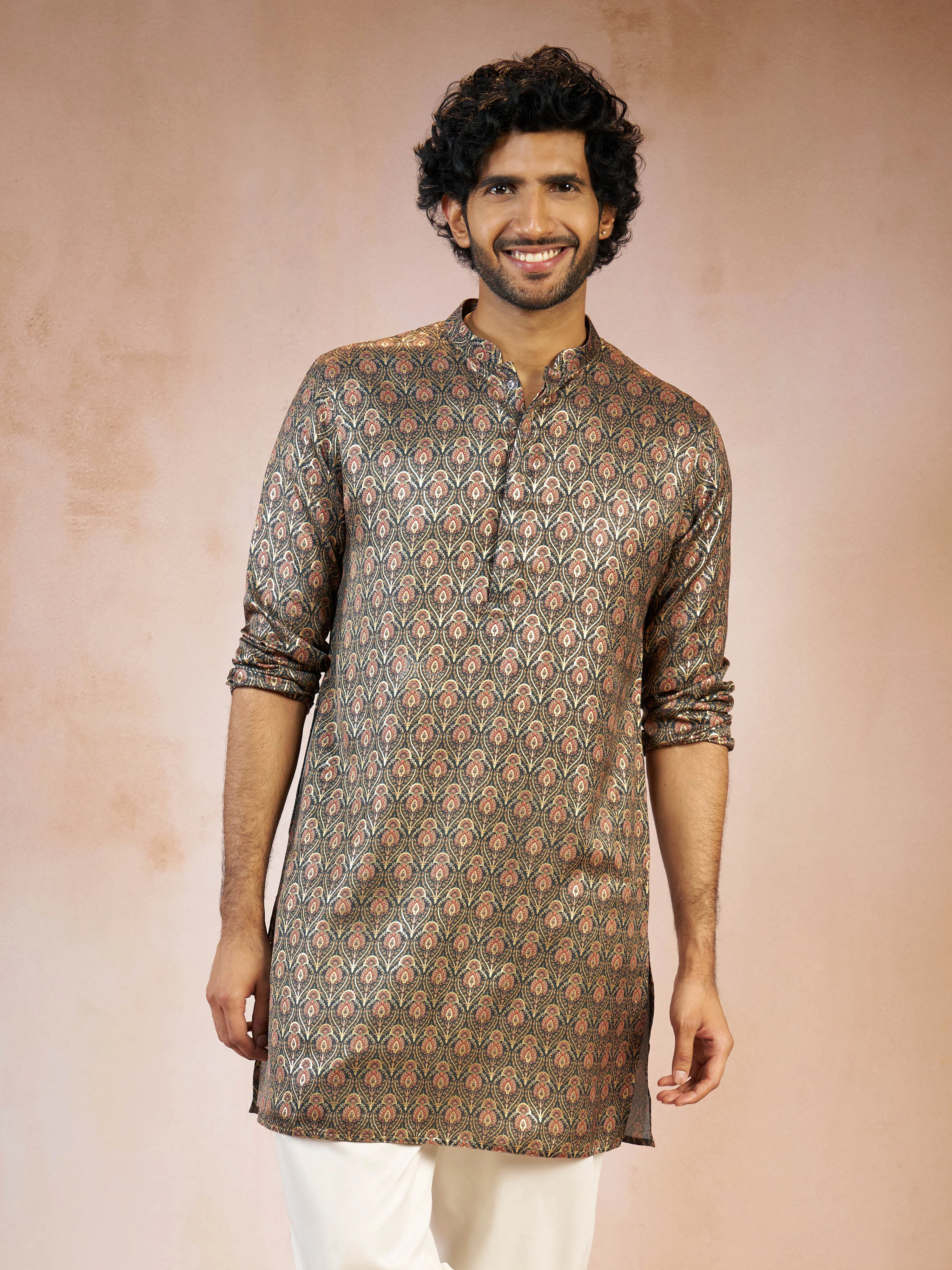 Men's Green Foil Print Ethnic Motif Silk Blend Straight Kurta - Image 3