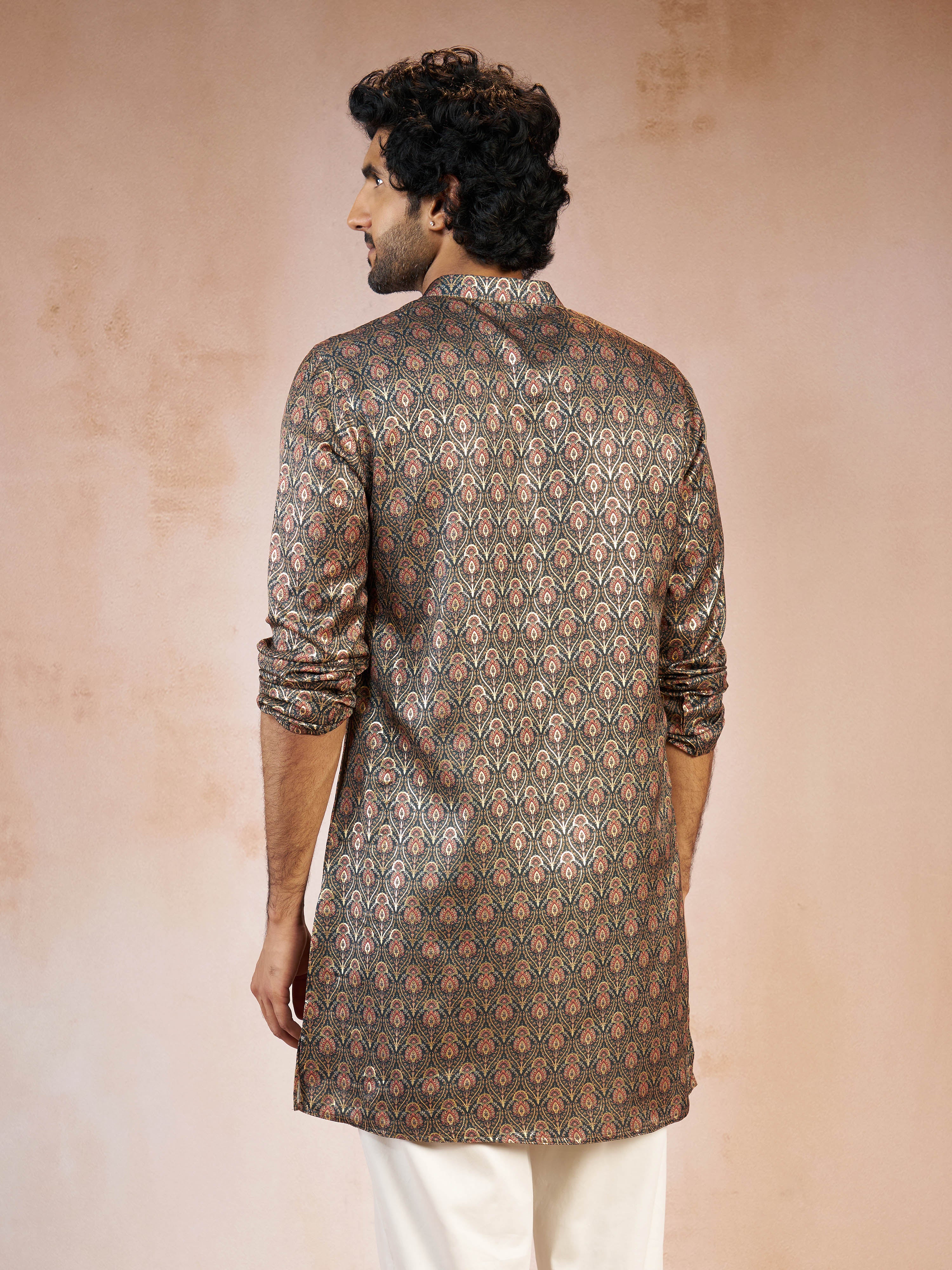 Men's Green Foil Print Ethnic Motif Silk Blend Straight Kurta - Image 4