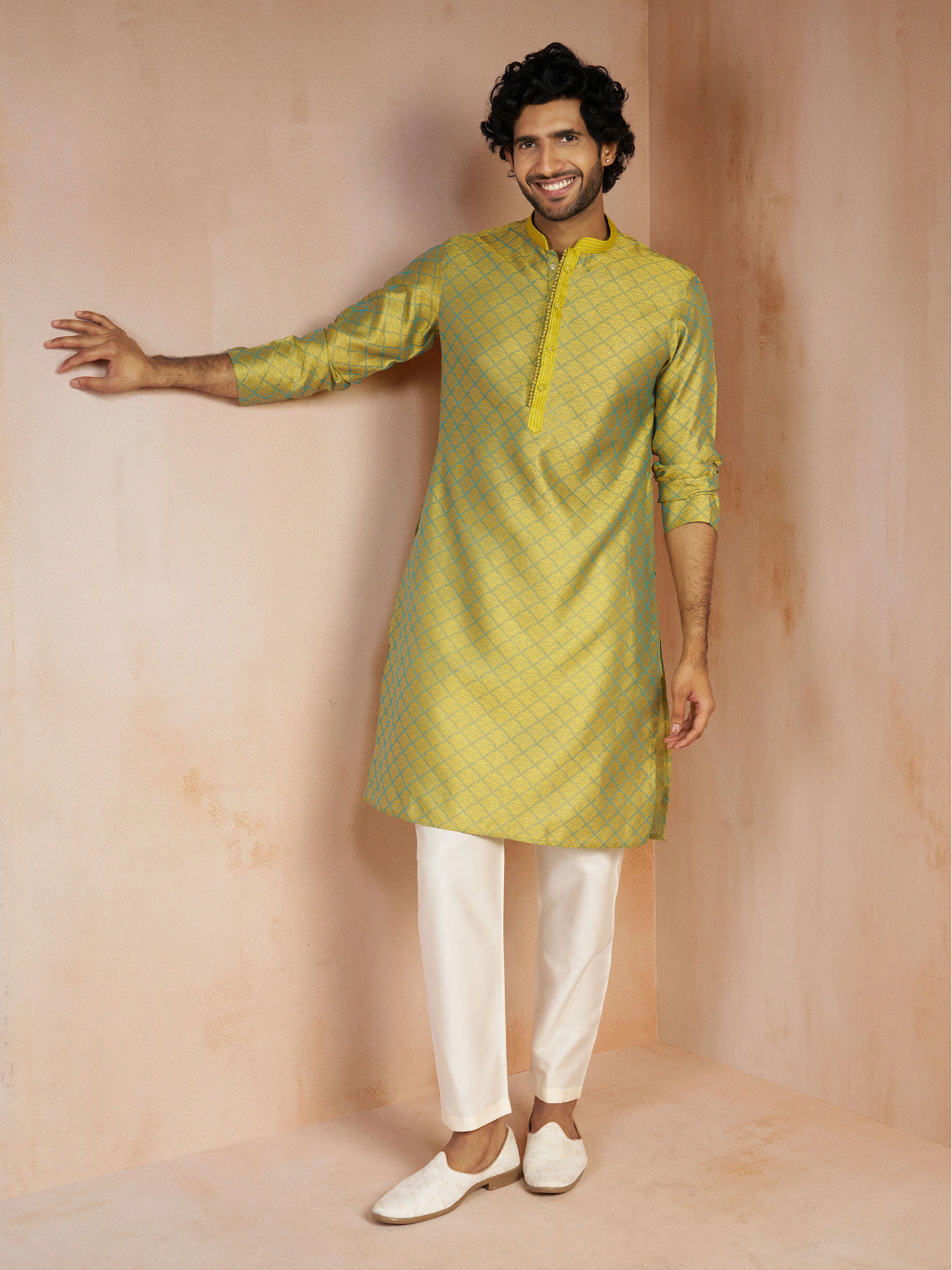 Men's Green Silk Blend Jacquard Thread Sequin Embroidery Long Kurta with Cream Viscose Pyjama Set