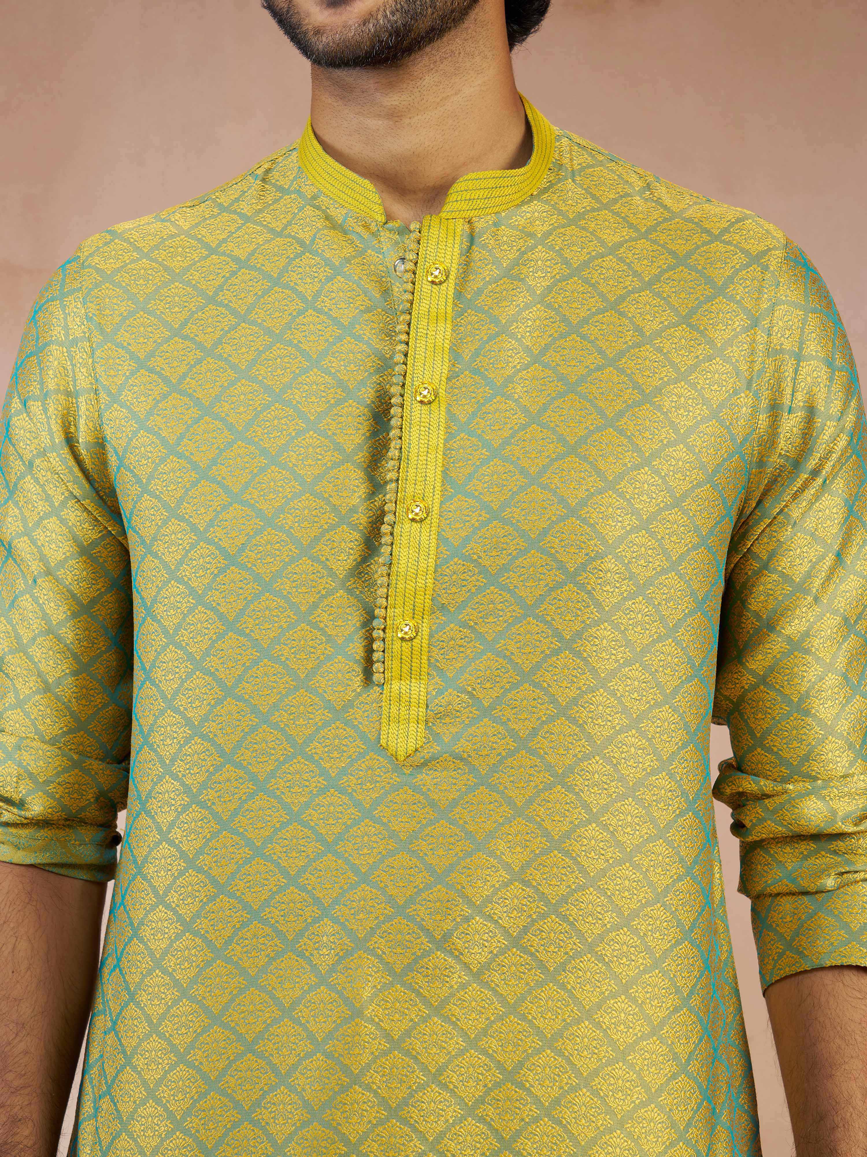 Men's Green Silk Blend Jacquard Thread Sequin Embroidery Long Kurta with Cream Viscose Pyjama Set - Image 2