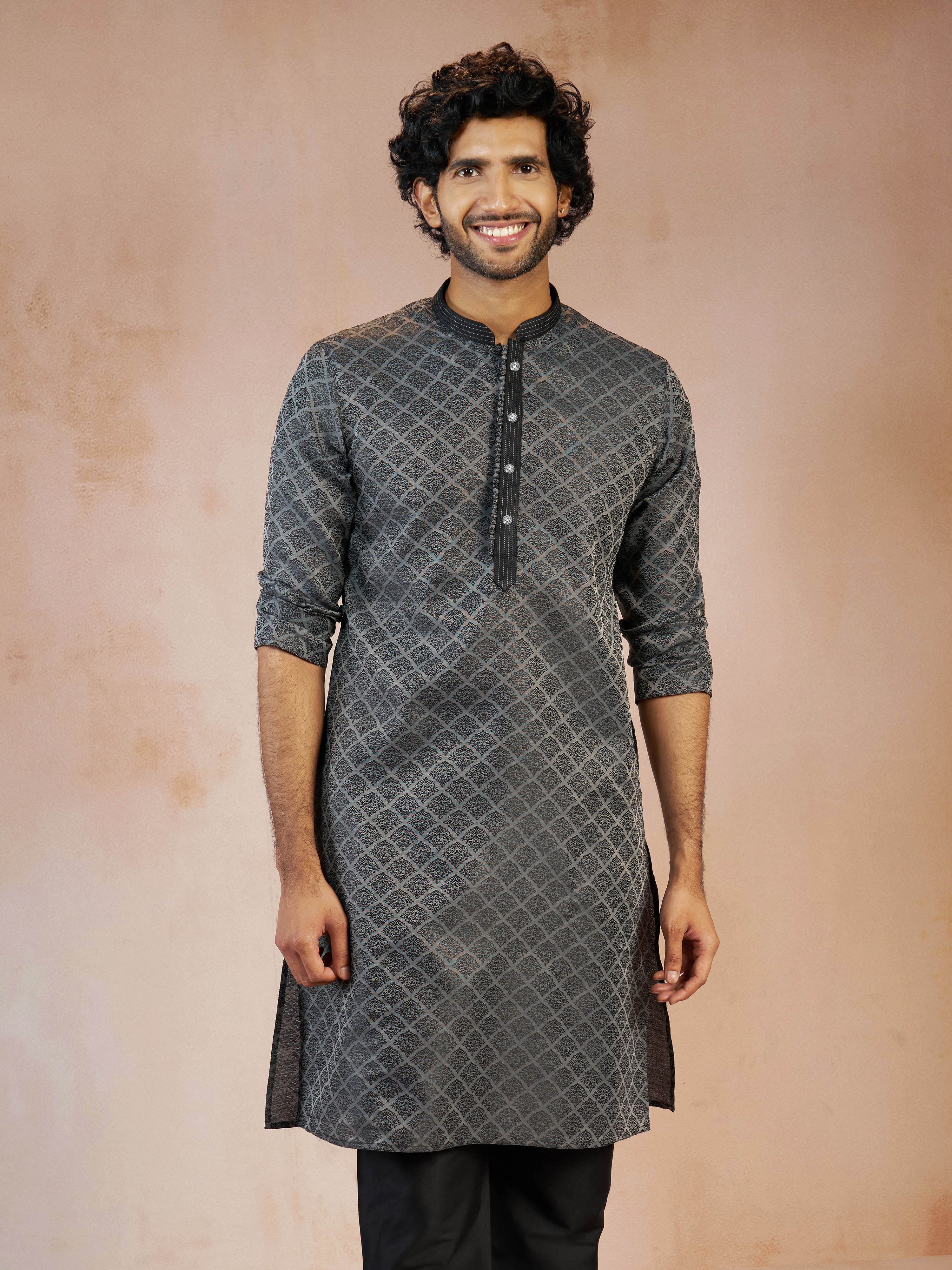 Men's Grey Jacquard Geometric Thread & Sequin Embroidered Silk Blend Straight Kurta - Image 3