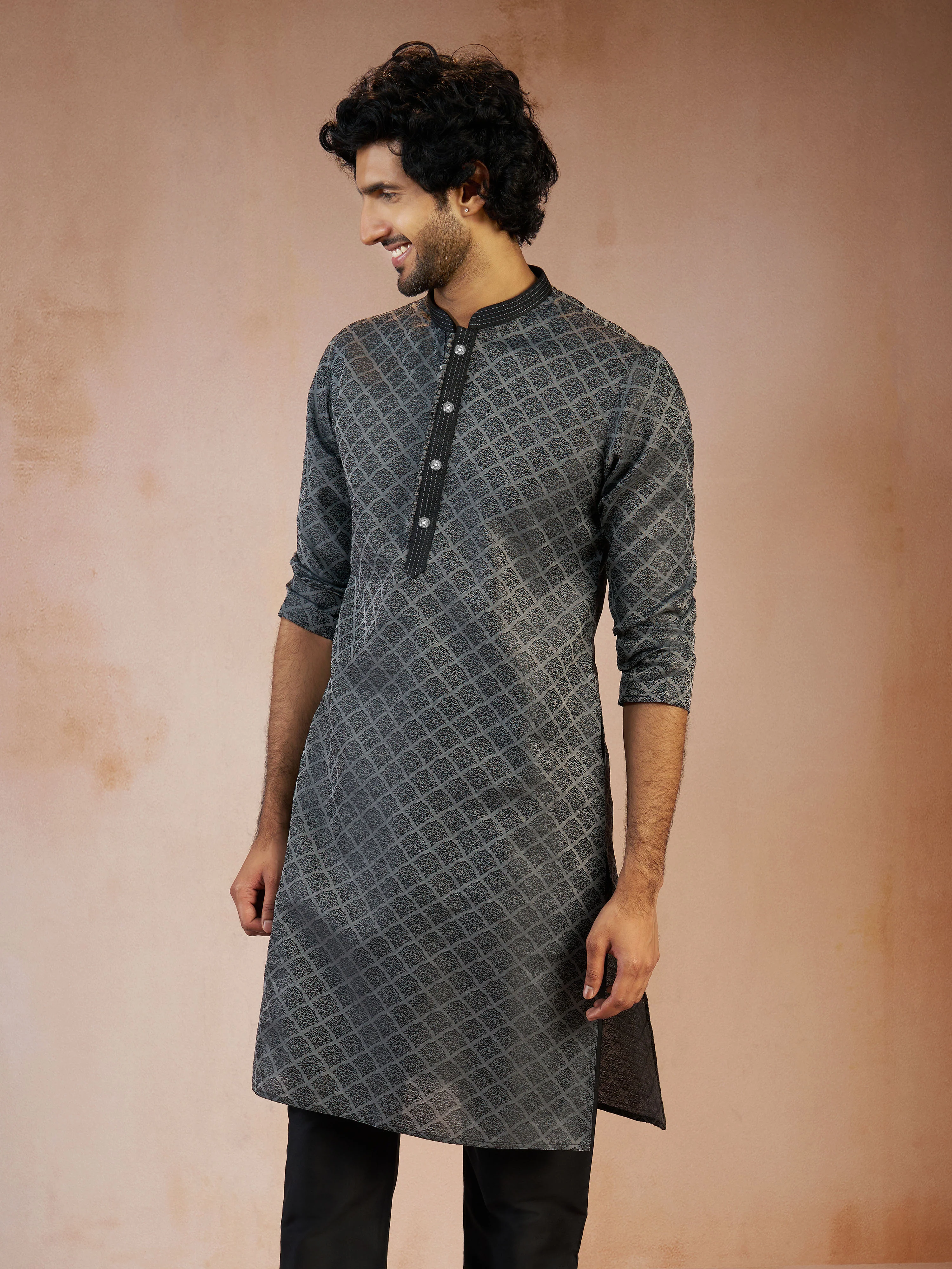 Men's Grey Jacquard Geometric Thread & Sequin Embroidered Silk Blend Straight Kurta - Image 4