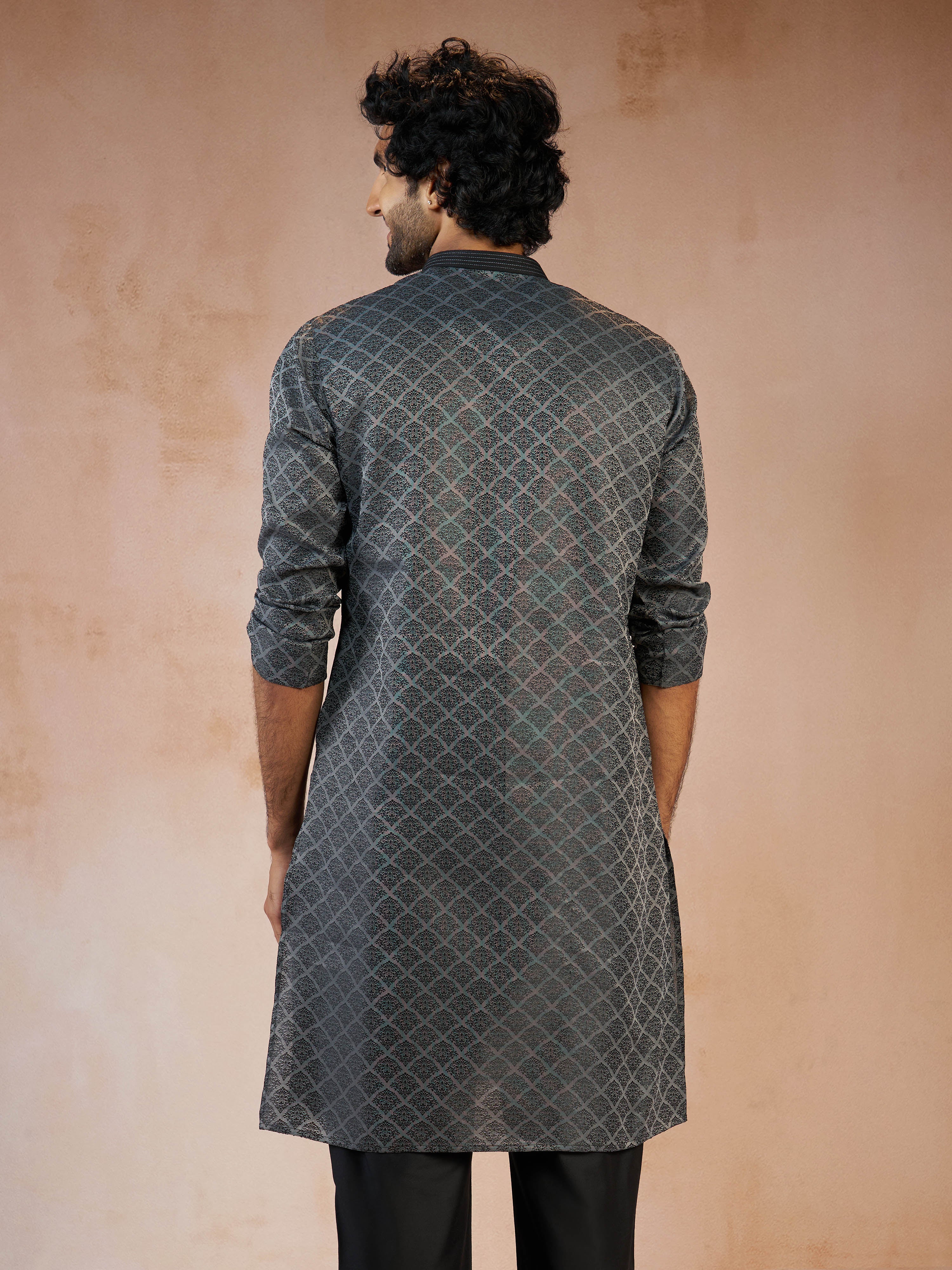 Men's Grey Jacquard Geometric Thread & Sequin Embroidered Silk Blend Straight Kurta - Image 5