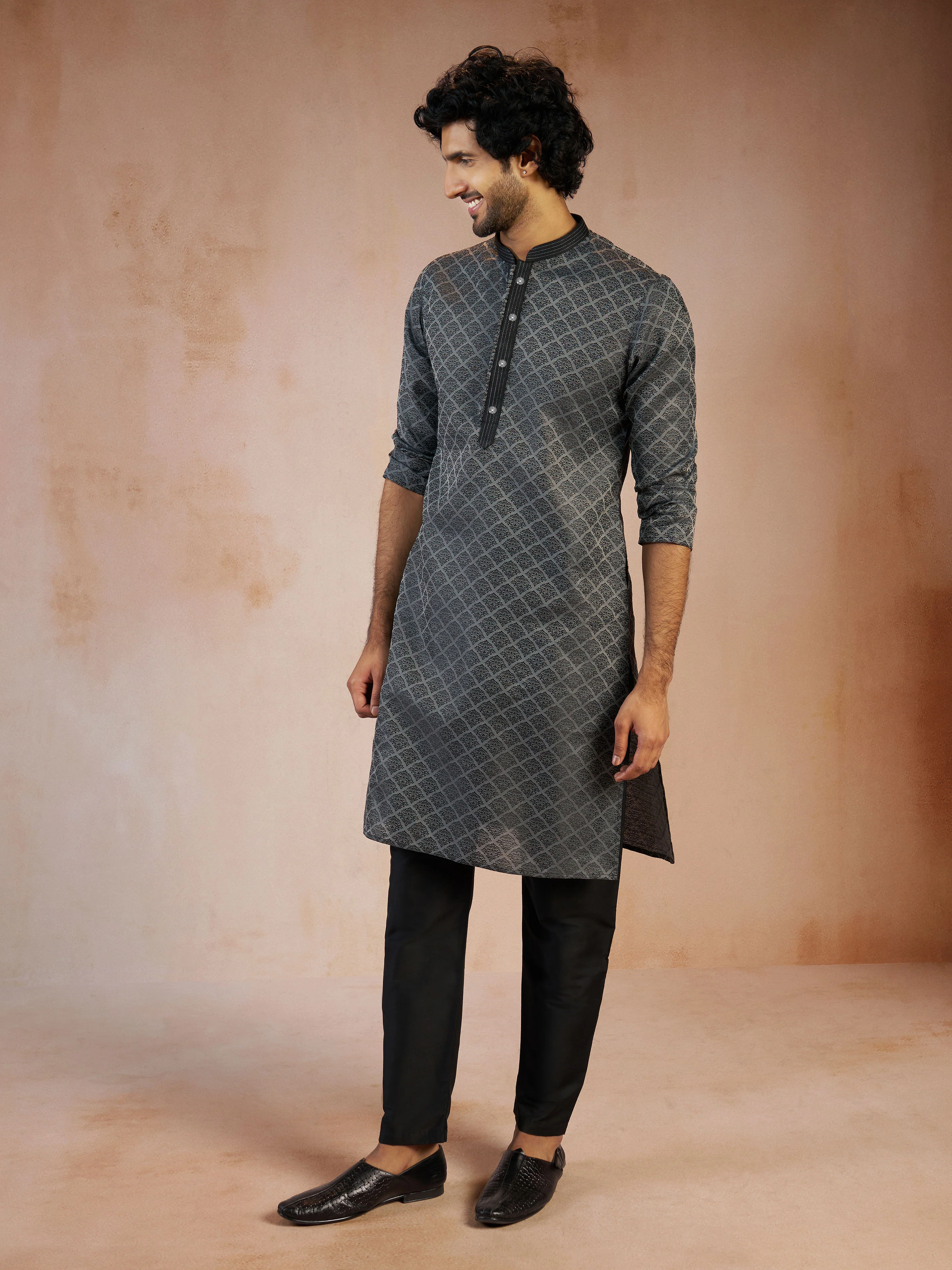 Men's Grey Silk Blend Jacquard Thread Sequin Embroidery Long Kurta with Black Viscose Pyjama Set - Image 3