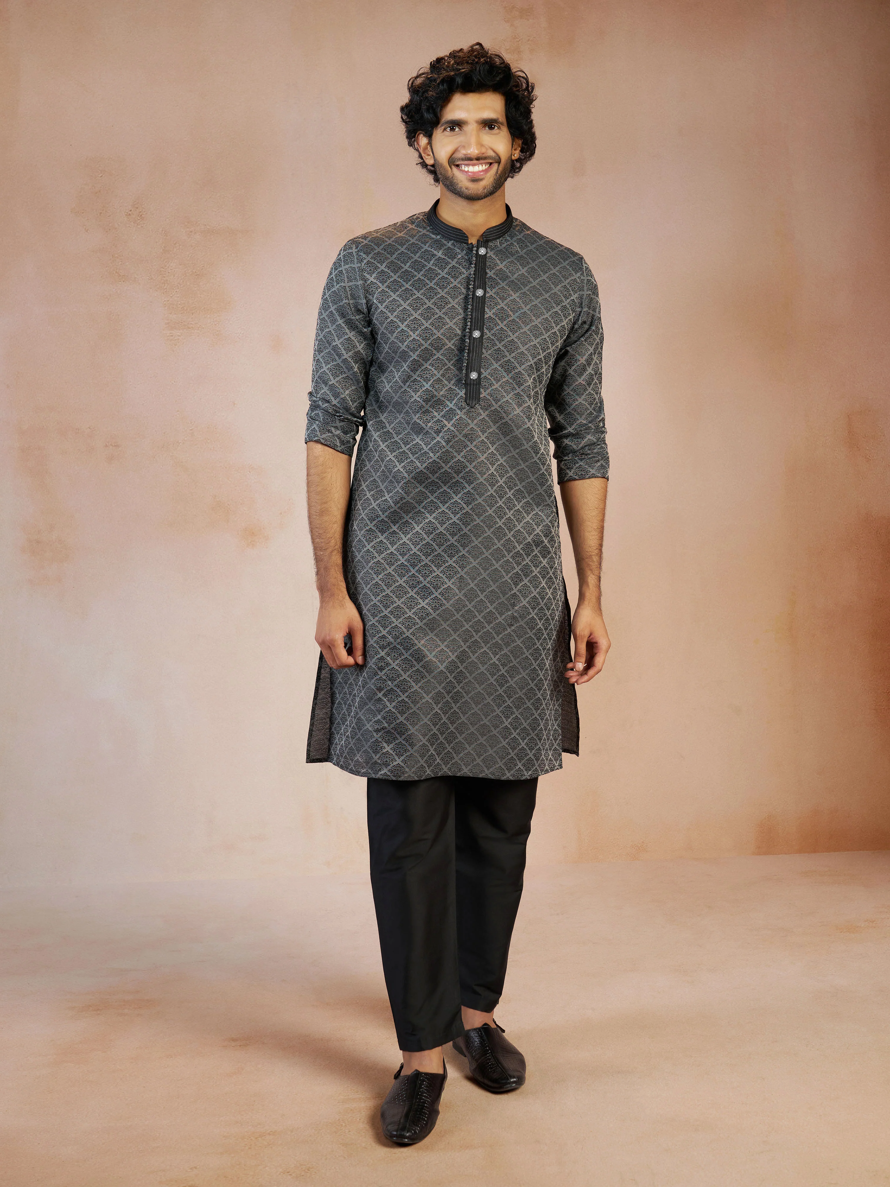 Men's Grey Silk Blend Jacquard Thread Sequin Embroidery Long Kurta with Black Viscose Pyjama Set - Image 4
