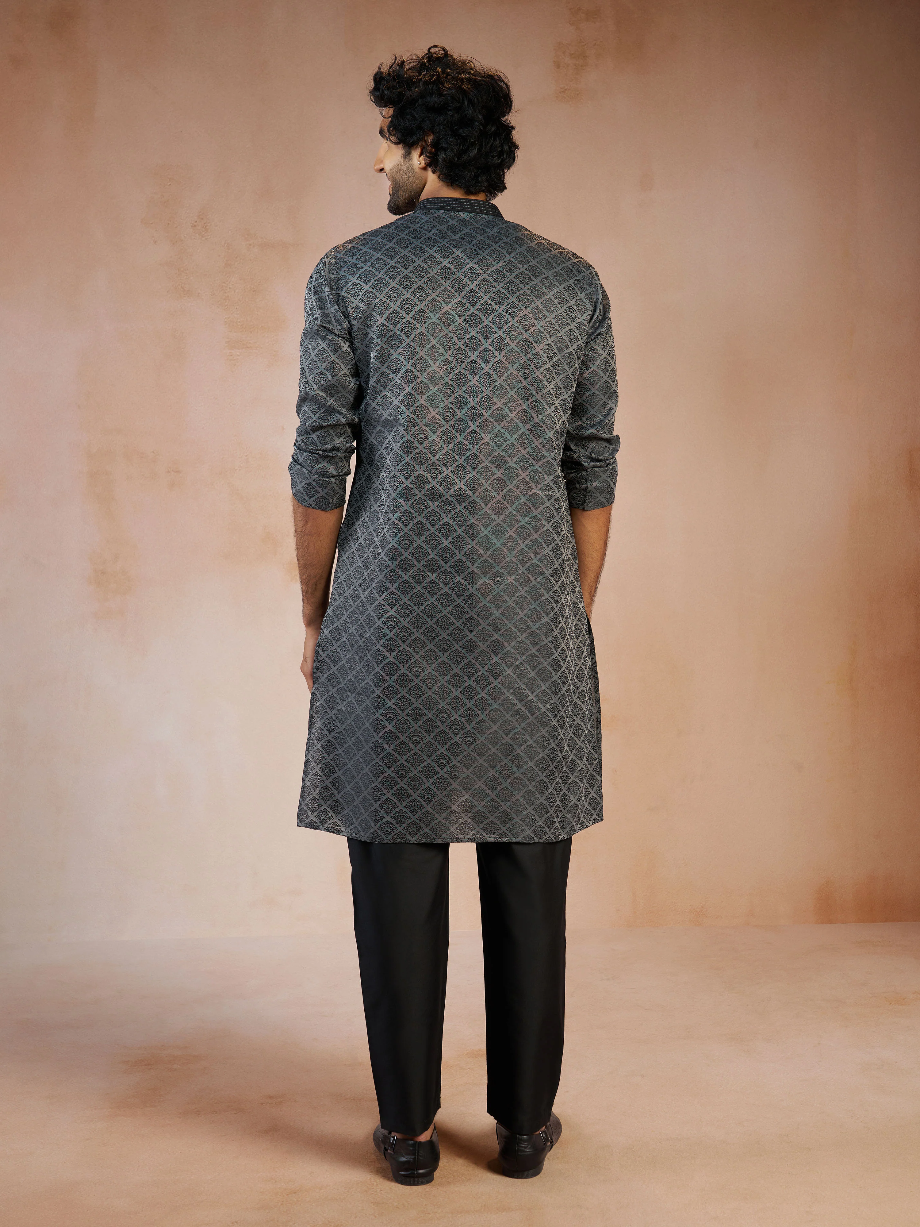 Men's Grey Silk Blend Jacquard Thread Sequin Embroidery Long Kurta with Black Viscose Pyjama Set - Image 5