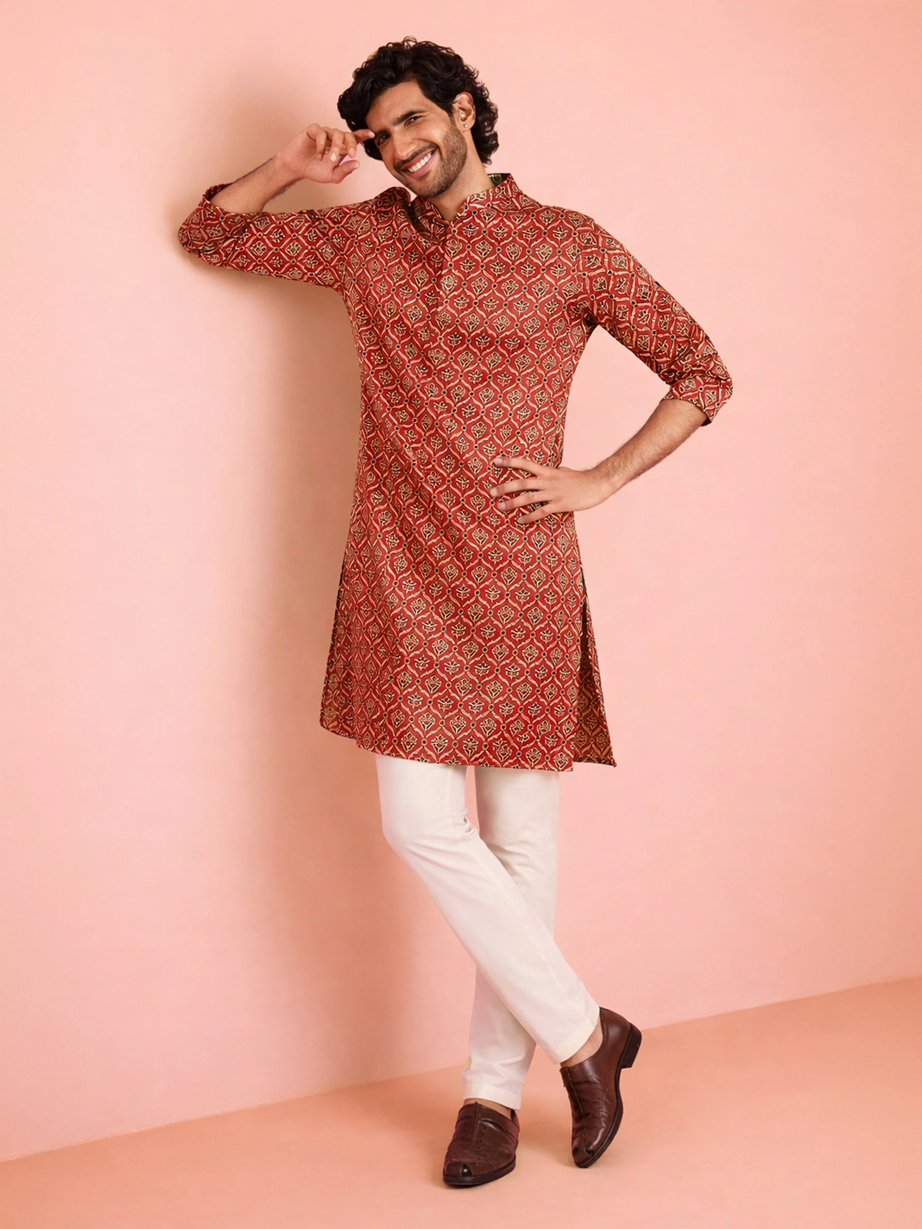 Men's Maroon Ajrakh Print Silk Kurta with Cream Pyjama Set