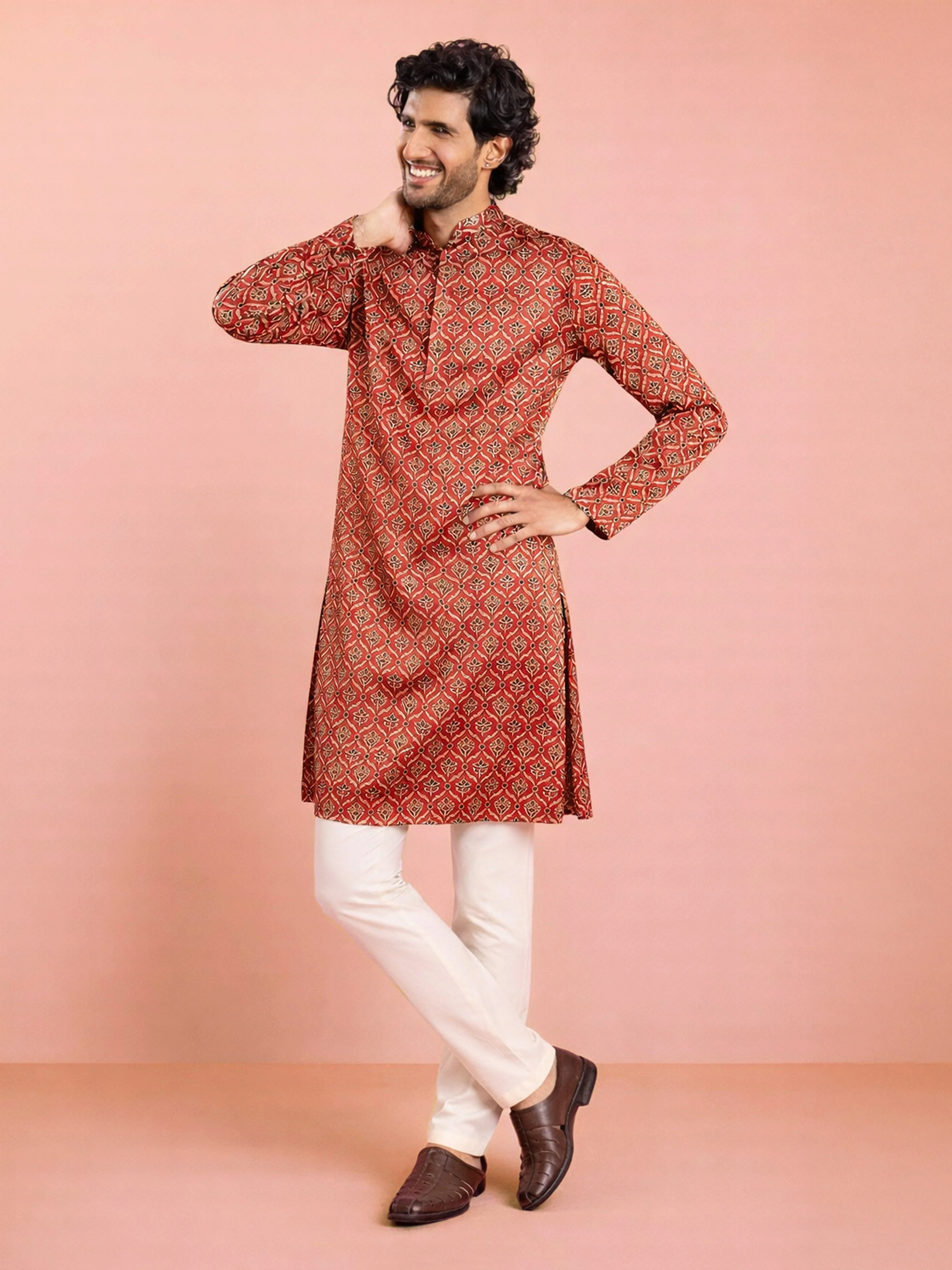 Men's Maroon Ajrakh Print Silk Kurta with Cream Pyjama Set - Image 4