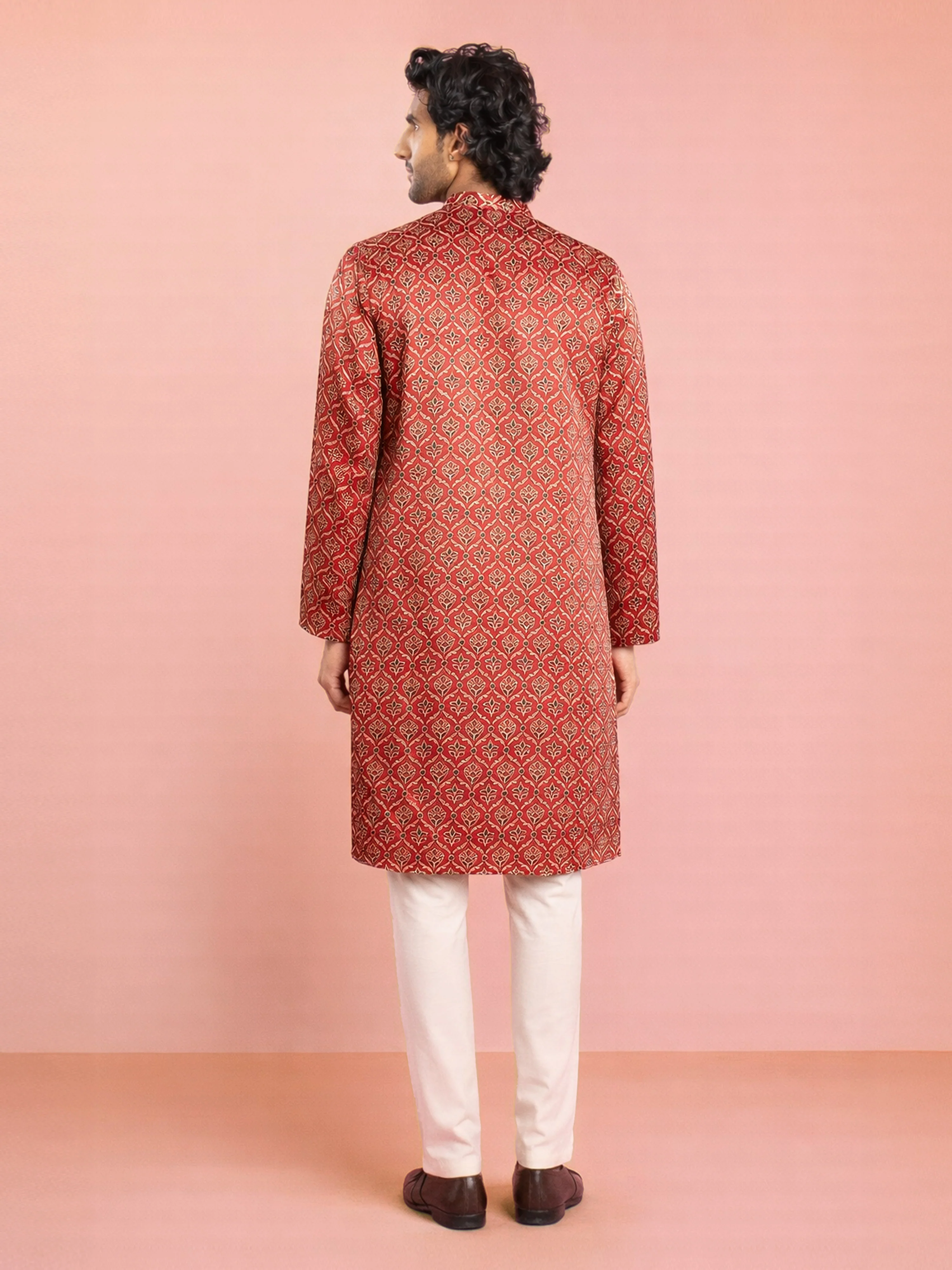 Men's Maroon Ajrakh Print Silk Kurta with Cream Pyjama Set - Image 5