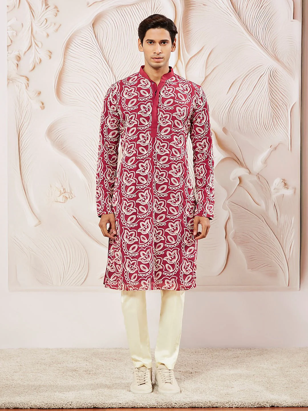 Men's Maroon Floral Embroidered Georgette Kurta with Satin Pyjama and Dupatta Set - Image 2