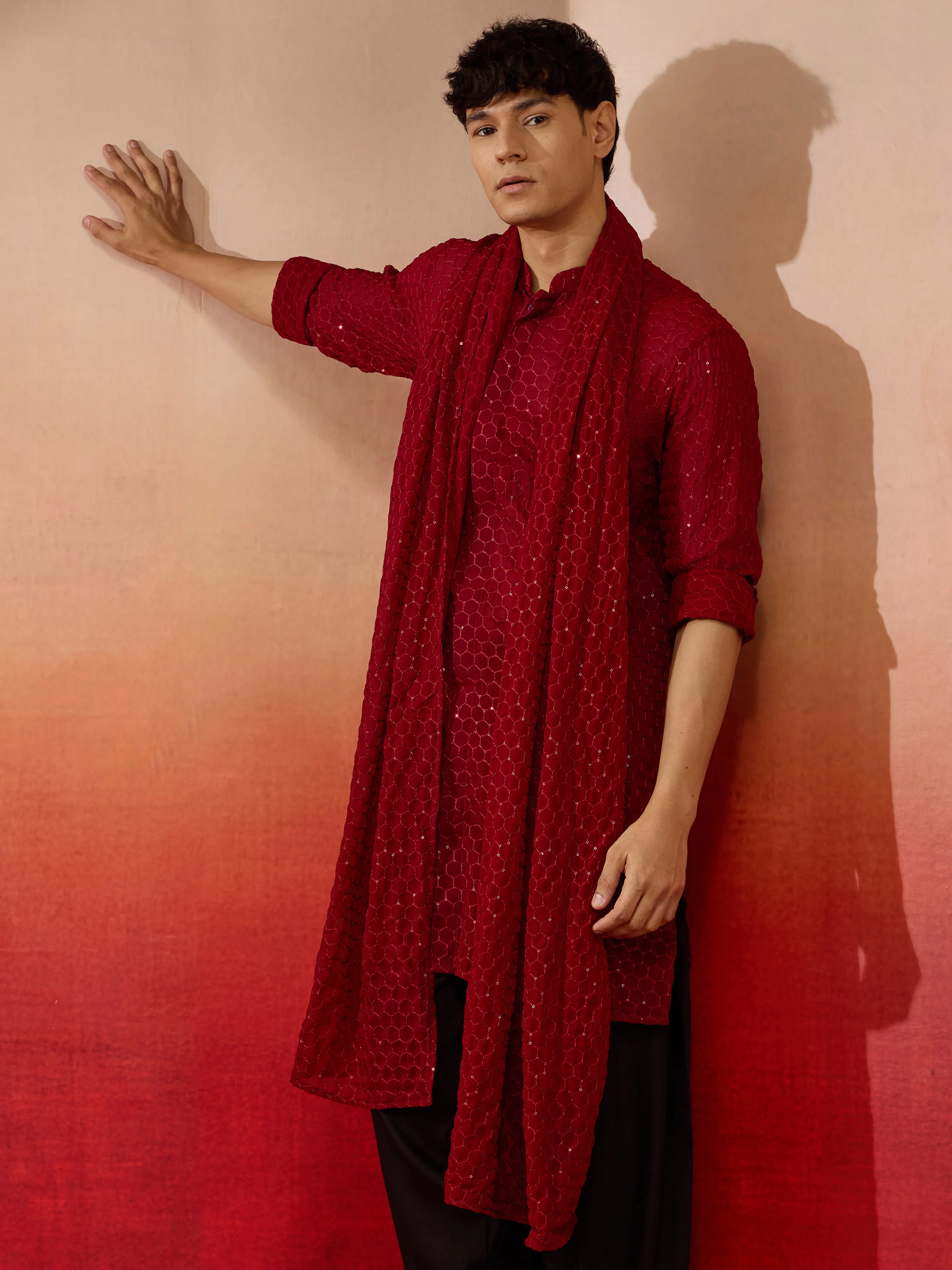 Men's Maroon Self-Texture Georgette Kurta with Plain Dupatta Set