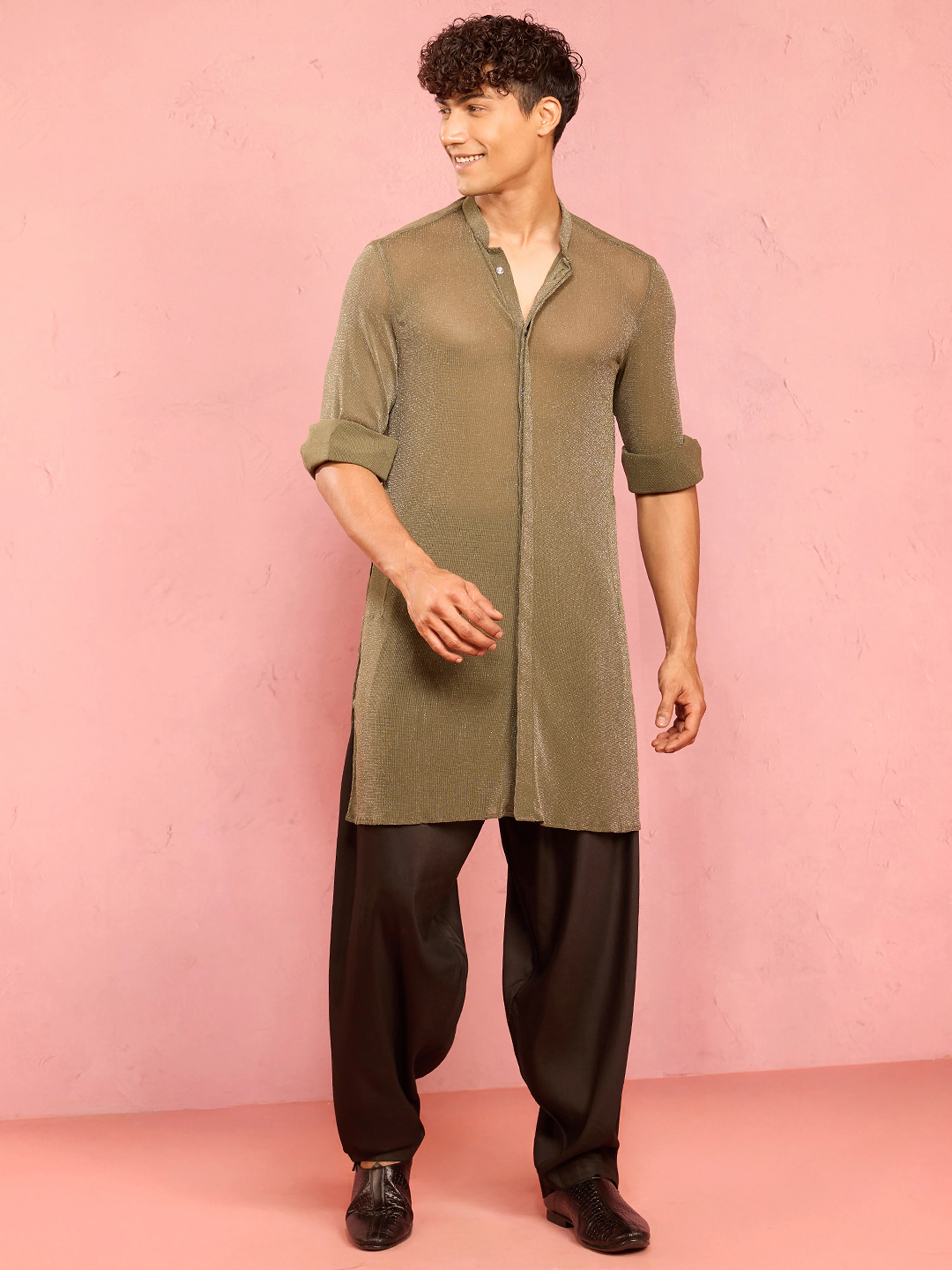 Men's Mehendi Green Solid Lycra Kurta with Black Patiyala Set - Image 3
